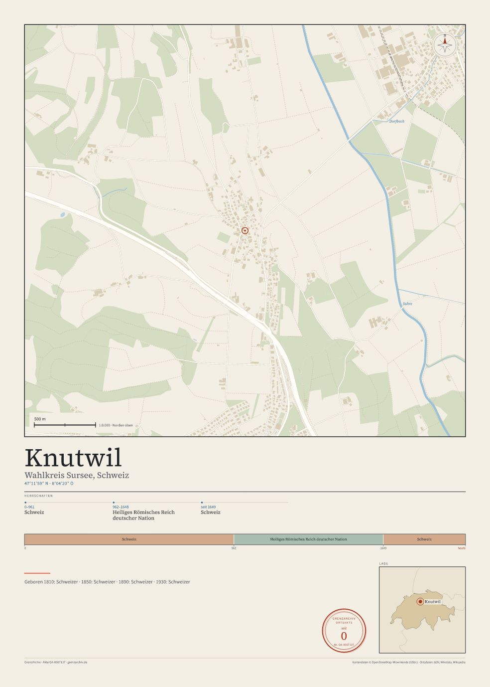 Vorschau des Kartenblatts von Knutwil: oben der Stadtplan, unten Ortsname, Koordinaten und die Herrschaften des Ortes