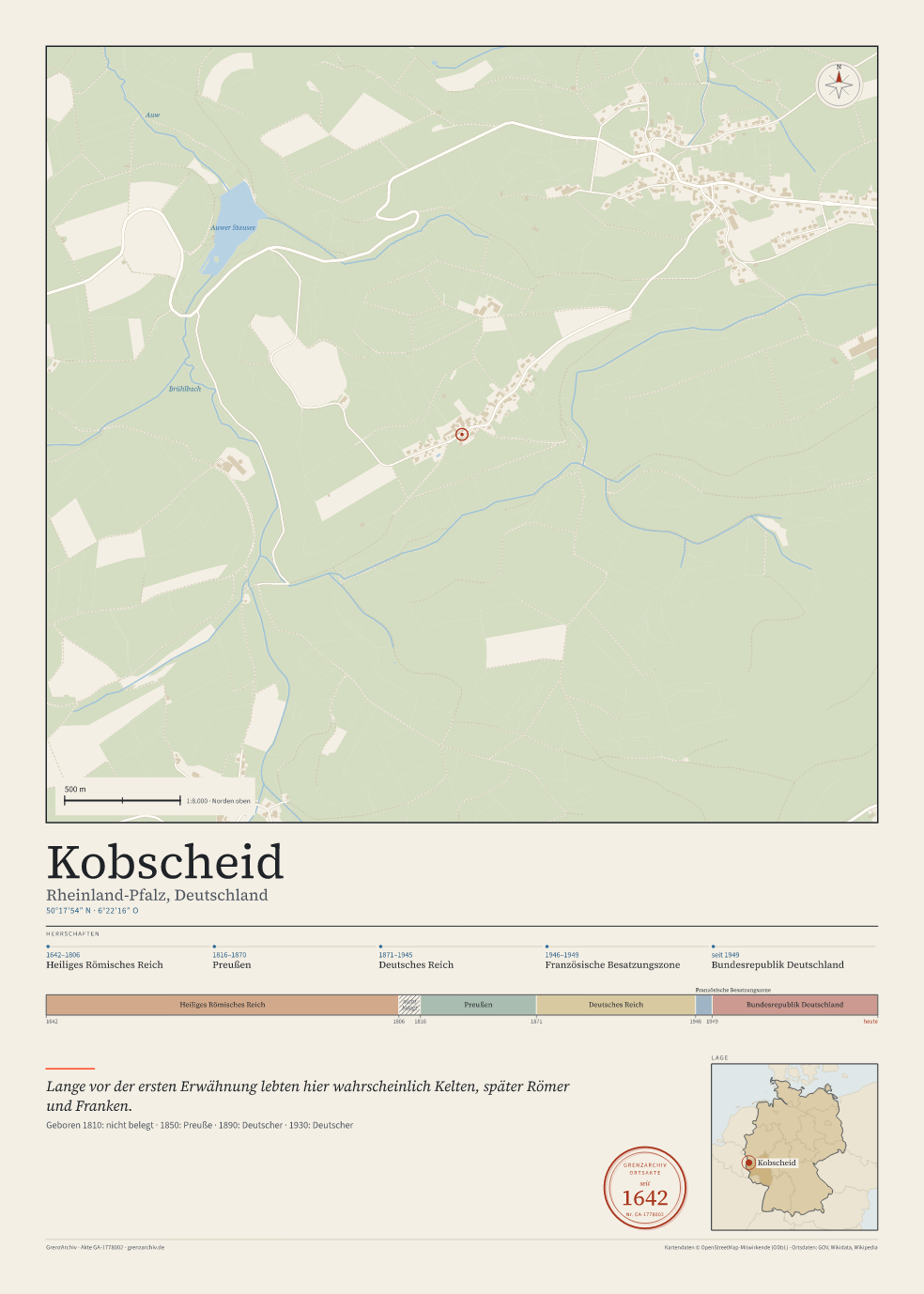Vorschau des Kartenblatts von Kobscheid: oben der Stadtplan, unten Ortsname, Koordinaten und die Herrschaften des Ortes