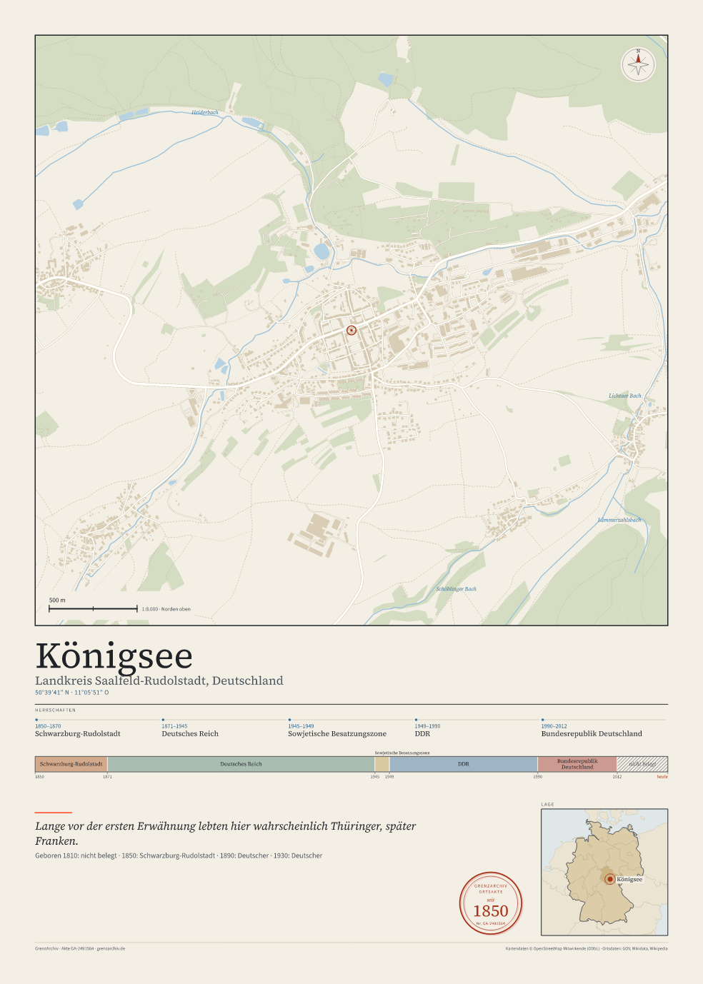 Vorschau des Kartenblatts von Königsee: oben der Stadtplan, unten Ortsname, Koordinaten und die Herrschaften des Ortes