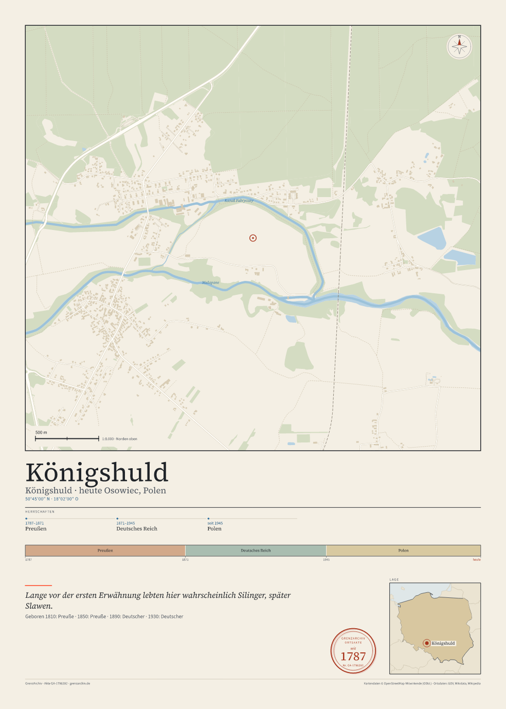 Vorschau des Kartenblatts von Königshuld: oben der Stadtplan, unten Ortsname, Koordinaten und die Herrschaften des Ortes
