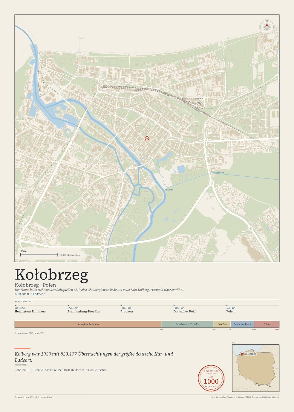 Vorschau des Kartenblatts von Kołobrzeg: oben der Stadtplan, unten Ortsname, Koordinaten und die Herrschaften des Ortes