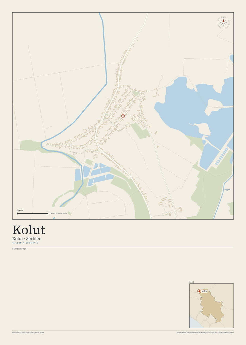 Vorschau des Kartenblatts von Kolut: oben der Stadtplan, unten Ortsname, Koordinaten und die Herrschaften des Ortes