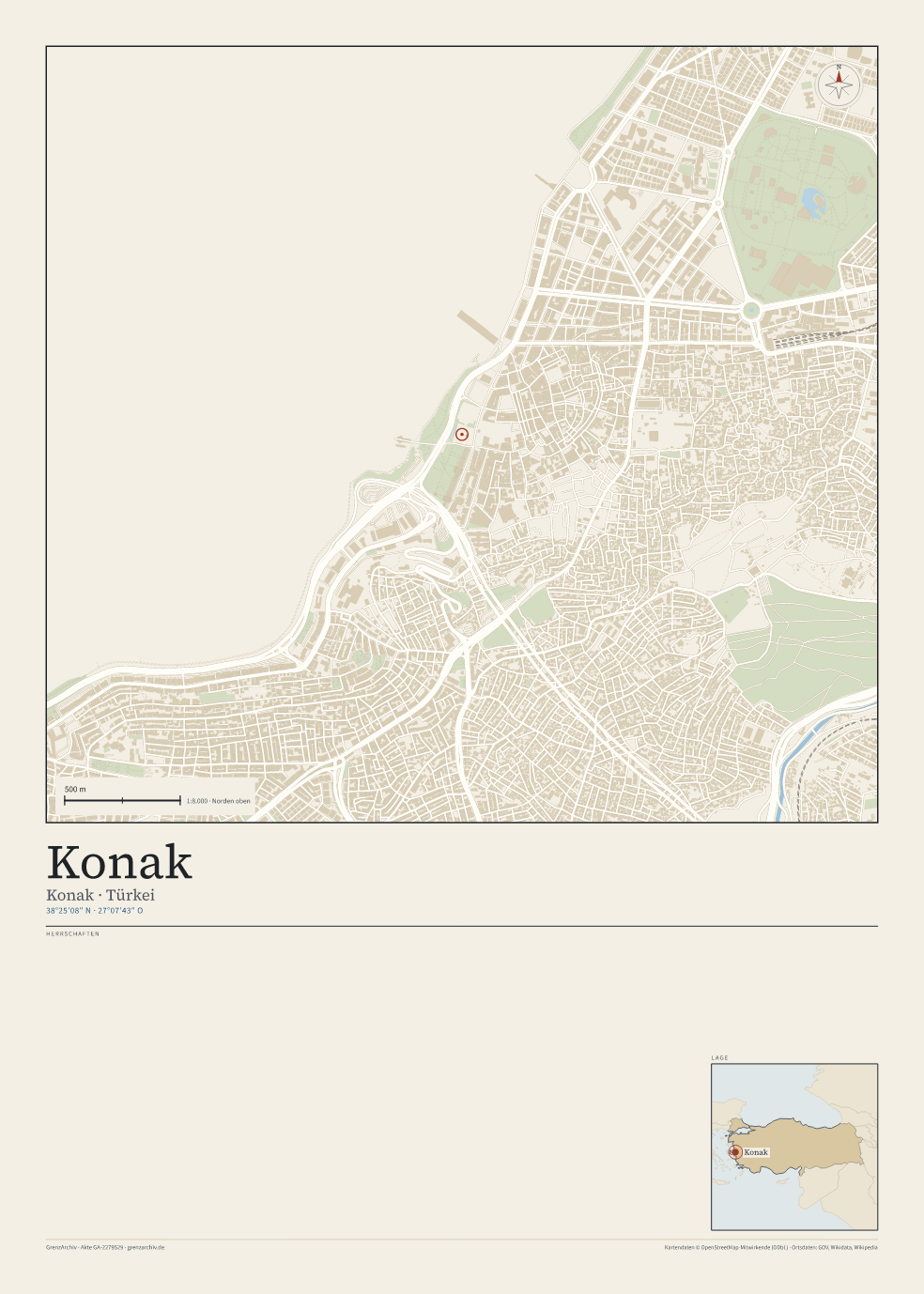 Vorschau des Kartenblatts von Konak: oben der Stadtplan, unten Ortsname, Koordinaten und die Herrschaften des Ortes