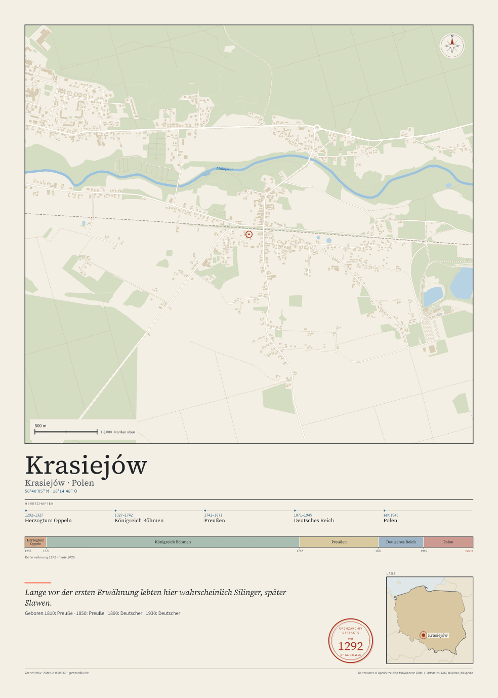 Vorschau des Kartenblatts von Krasiejów: oben der Stadtplan, unten Ortsname, Koordinaten und die Herrschaften des Ortes