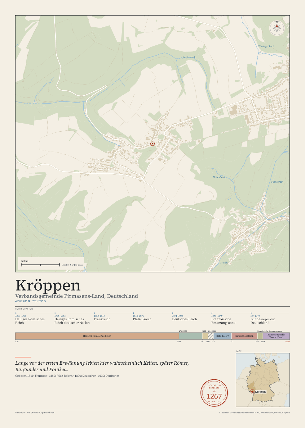 Vorschau des Kartenblatts von Kröppen: oben der Stadtplan, unten Ortsname, Koordinaten und die Herrschaften des Ortes