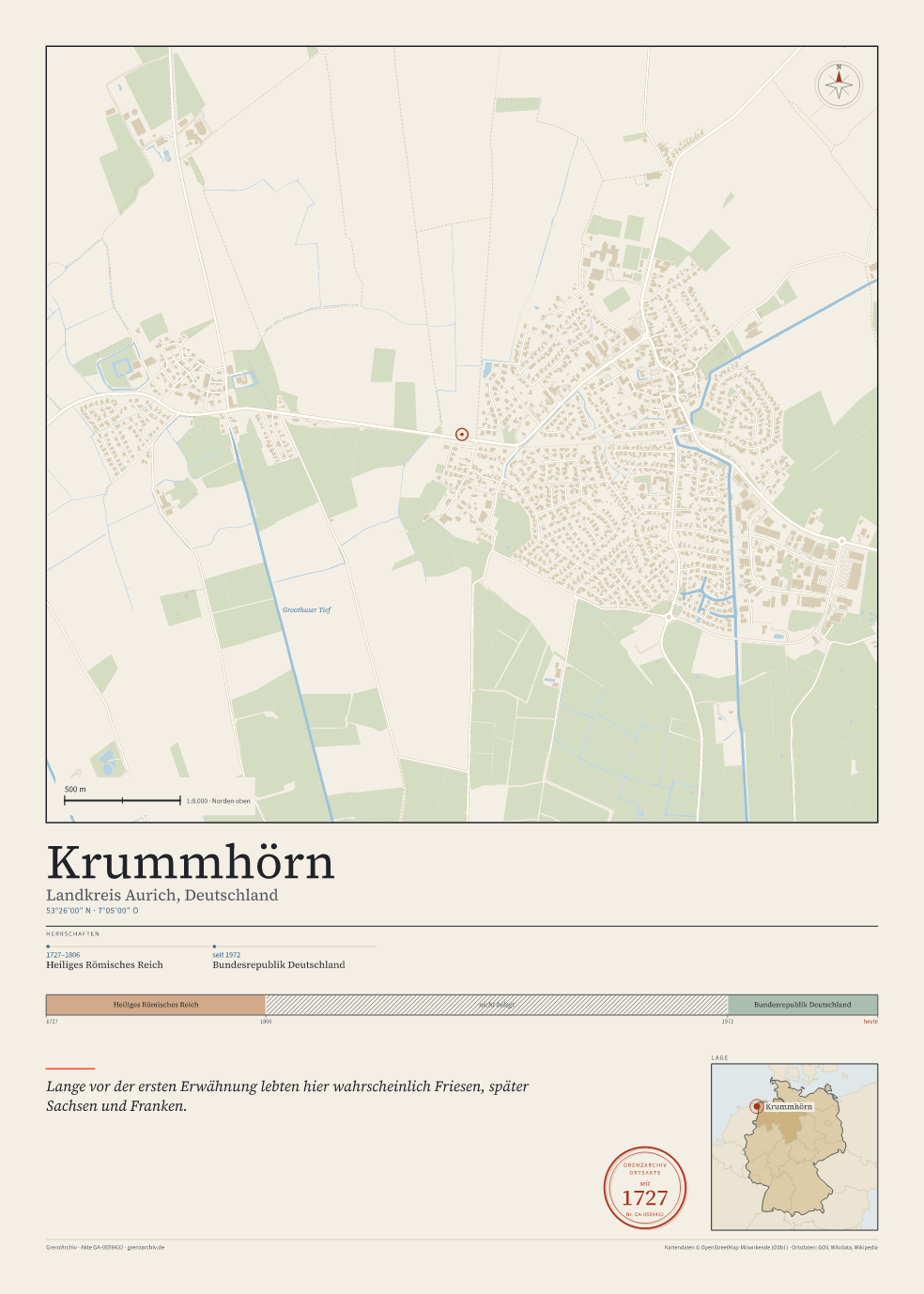 Vorschau des Kartenblatts von Krummhörn: oben der Stadtplan, unten Ortsname, Koordinaten und die Herrschaften des Ortes