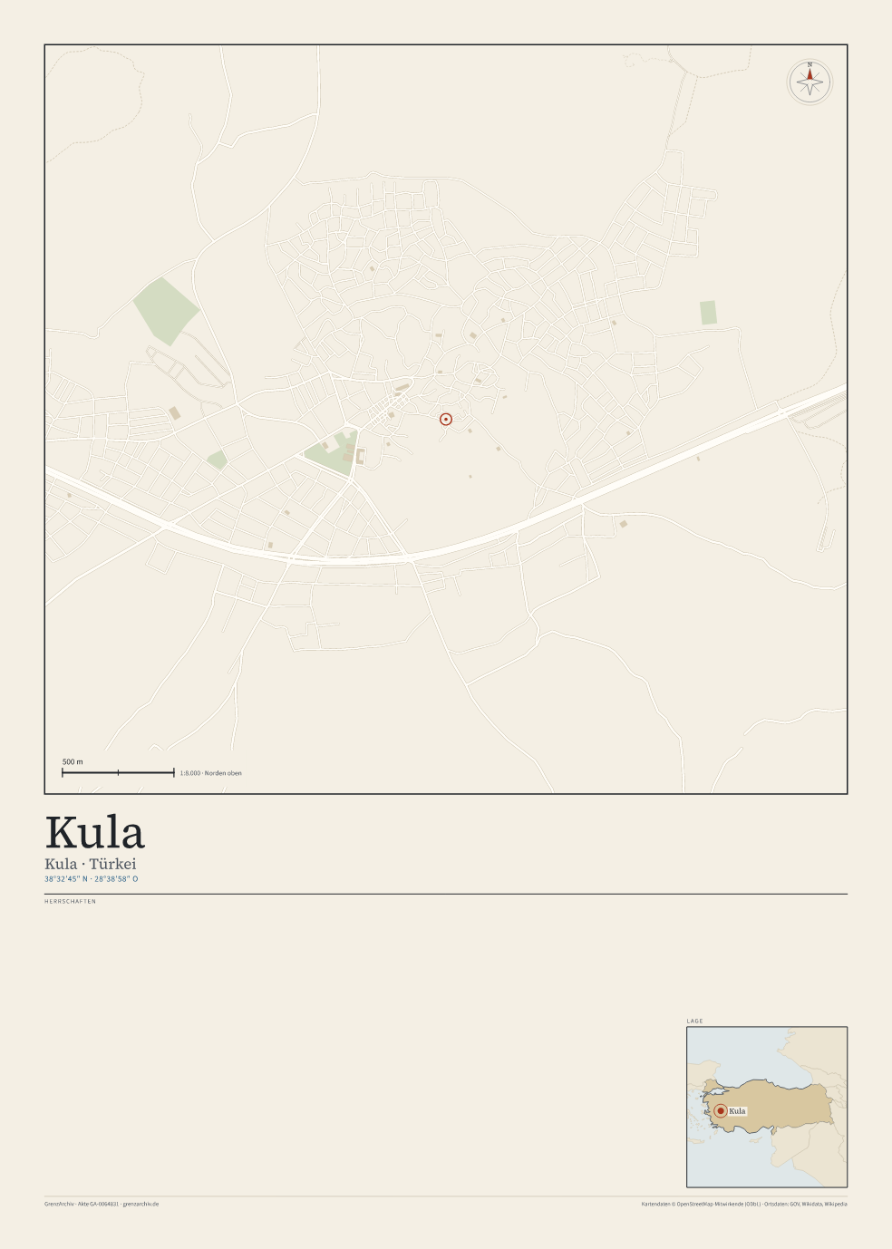 Vorschau des Kartenblatts von Kula: oben der Stadtplan, unten Ortsname, Koordinaten und die Herrschaften des Ortes