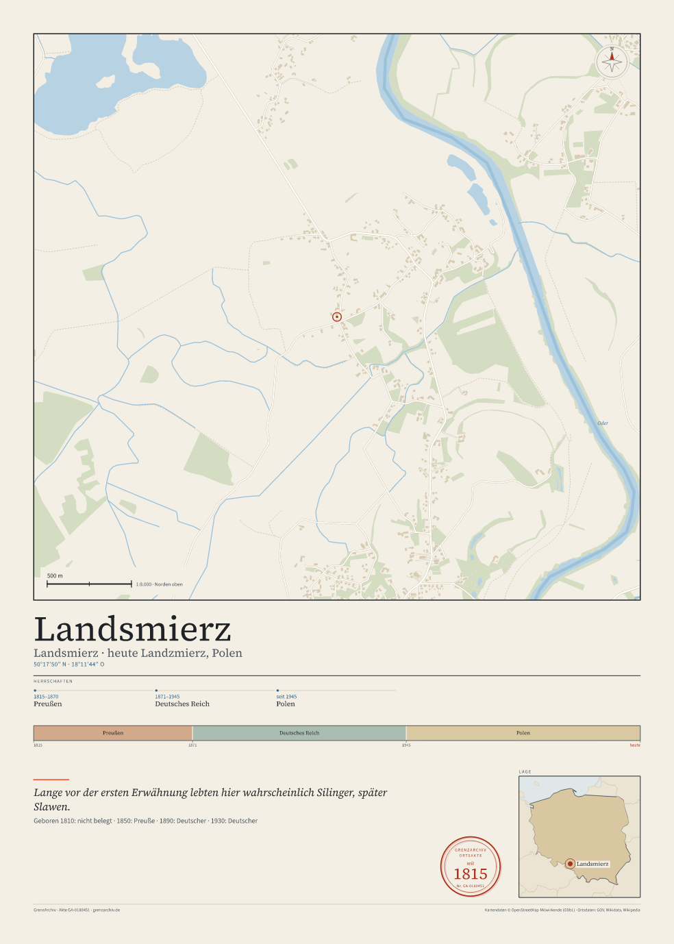 Vorschau des Kartenblatts von Landsmierz: oben der Stadtplan, unten Ortsname, Koordinaten und die Herrschaften des Ortes