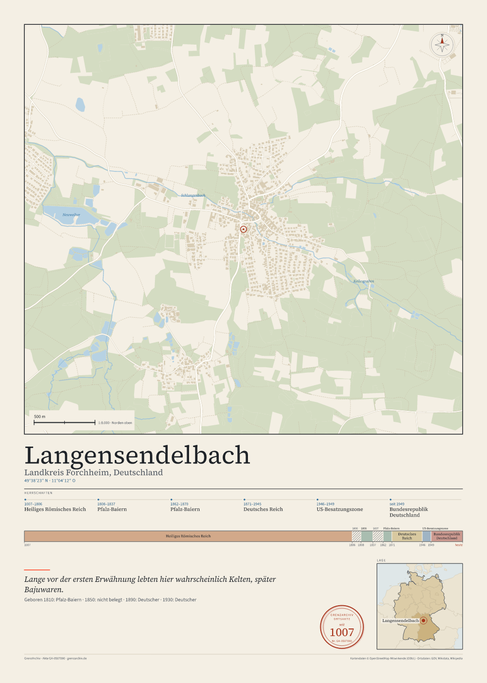Vorschau des Kartenblatts von Langensendelbach: oben der Stadtplan, unten Ortsname, Koordinaten und die Herrschaften des Ortes