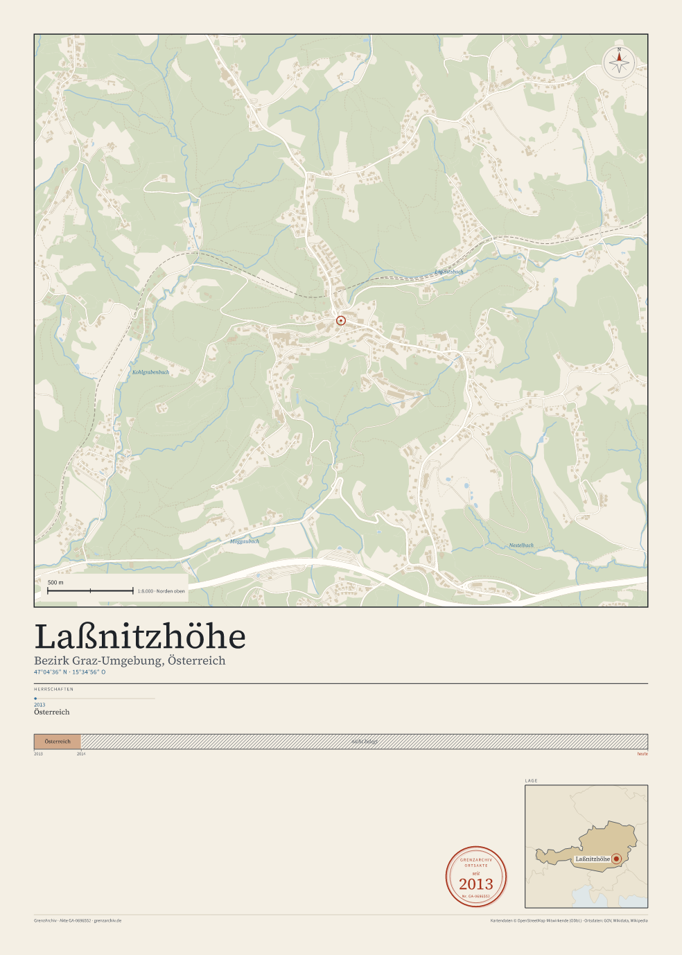 Vorschau des Kartenblatts von Laßnitzhöhe: oben der Stadtplan, unten Ortsname, Koordinaten und die Herrschaften des Ortes