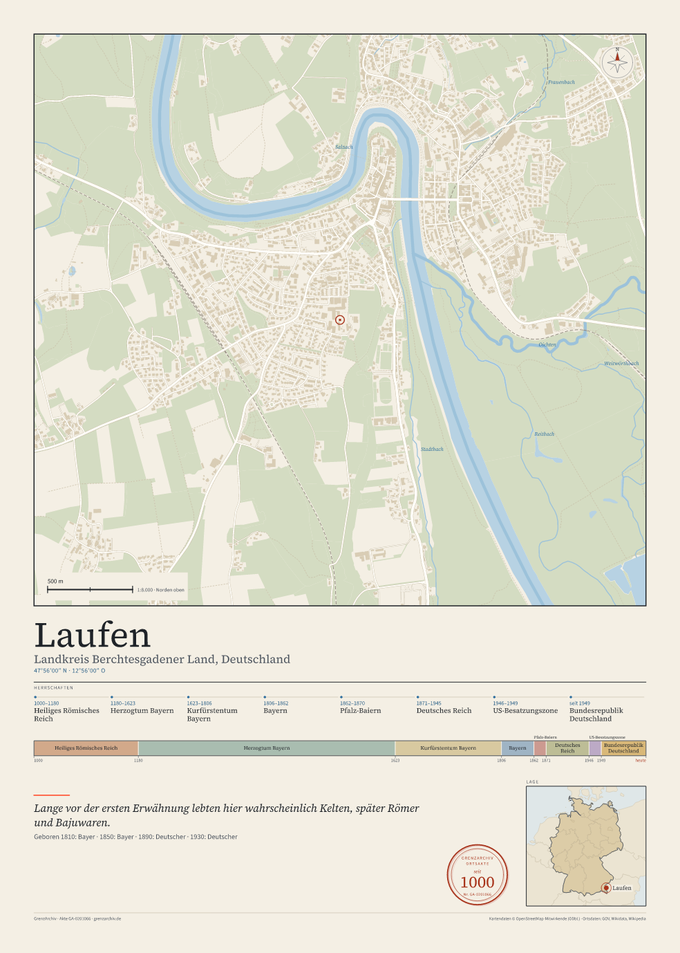 Vorschau des Kartenblatts von Laufen: oben der Stadtplan, unten Ortsname, Koordinaten und die Herrschaften des Ortes