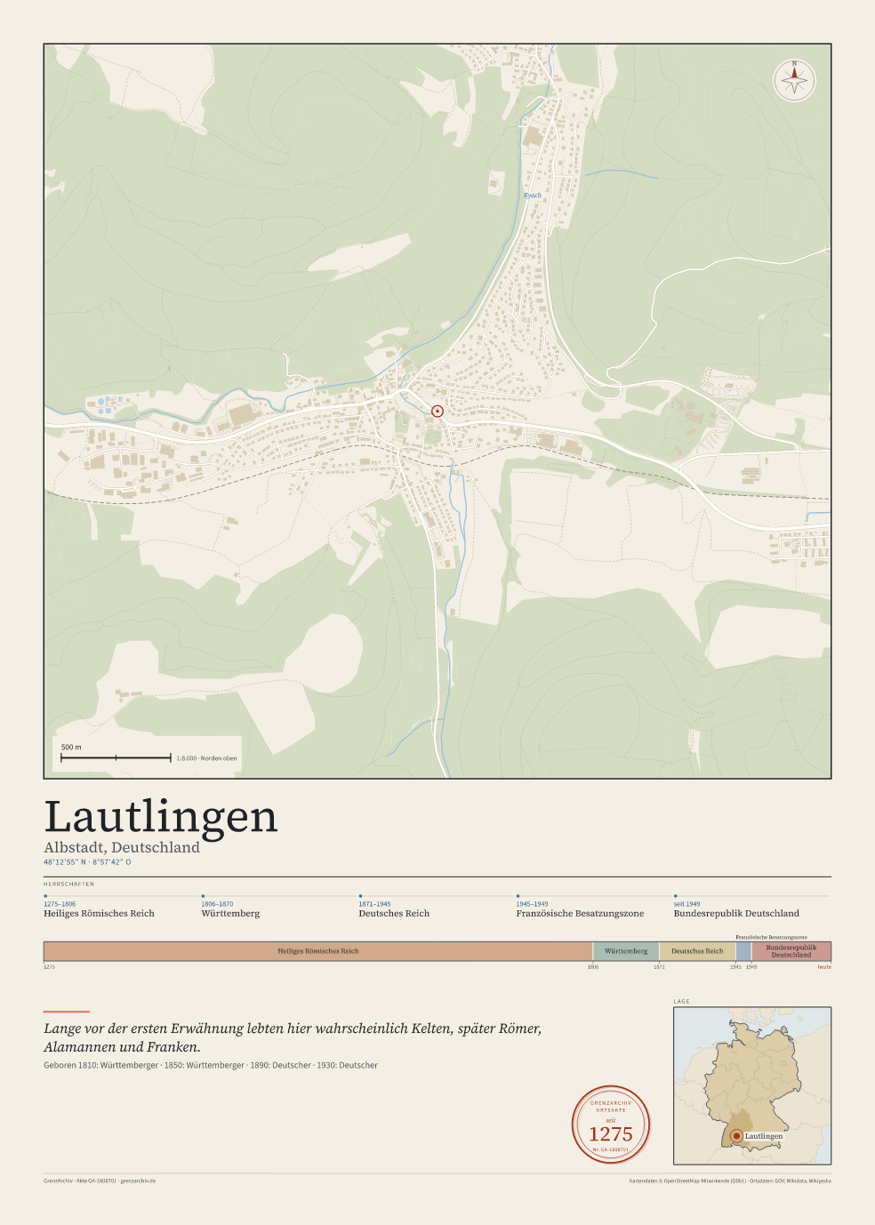 Vorschau des Kartenblatts von Lautlingen: oben der Stadtplan, unten Ortsname, Koordinaten und die Herrschaften des Ortes