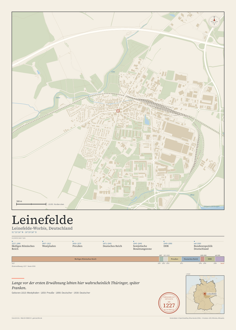Vorschau des Kartenblatts von Leinefelde: oben der Stadtplan, unten Ortsname, Koordinaten und die Herrschaften des Ortes