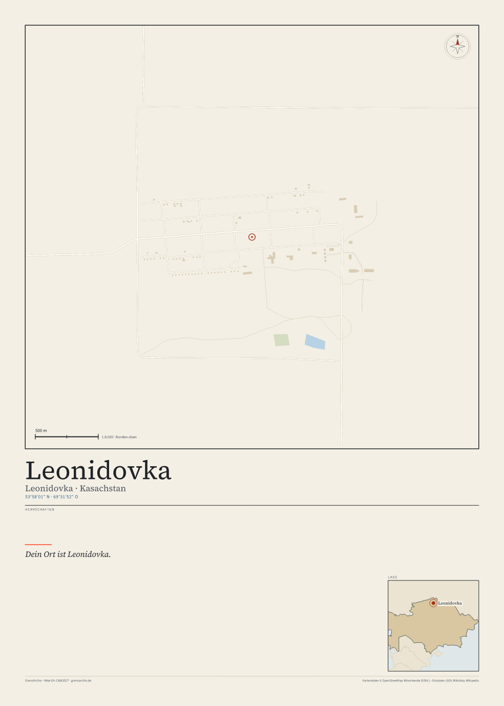 Vorschau des Kartenblatts von Leonidovka: oben der Stadtplan, unten Ortsname, Koordinaten und die Herrschaften des Ortes