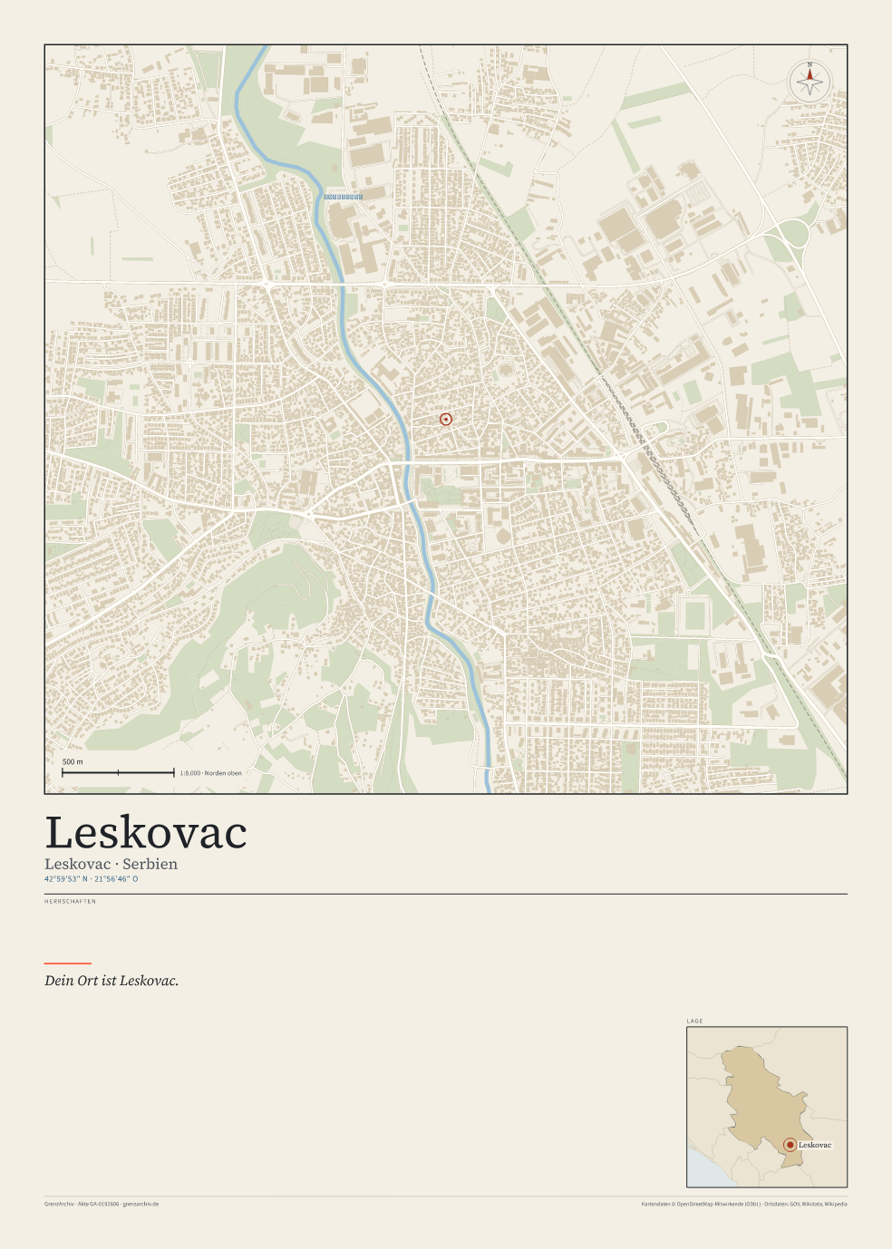 Vorschau des Kartenblatts von Leskovac: oben der Stadtplan, unten Ortsname, Koordinaten und die Herrschaften des Ortes