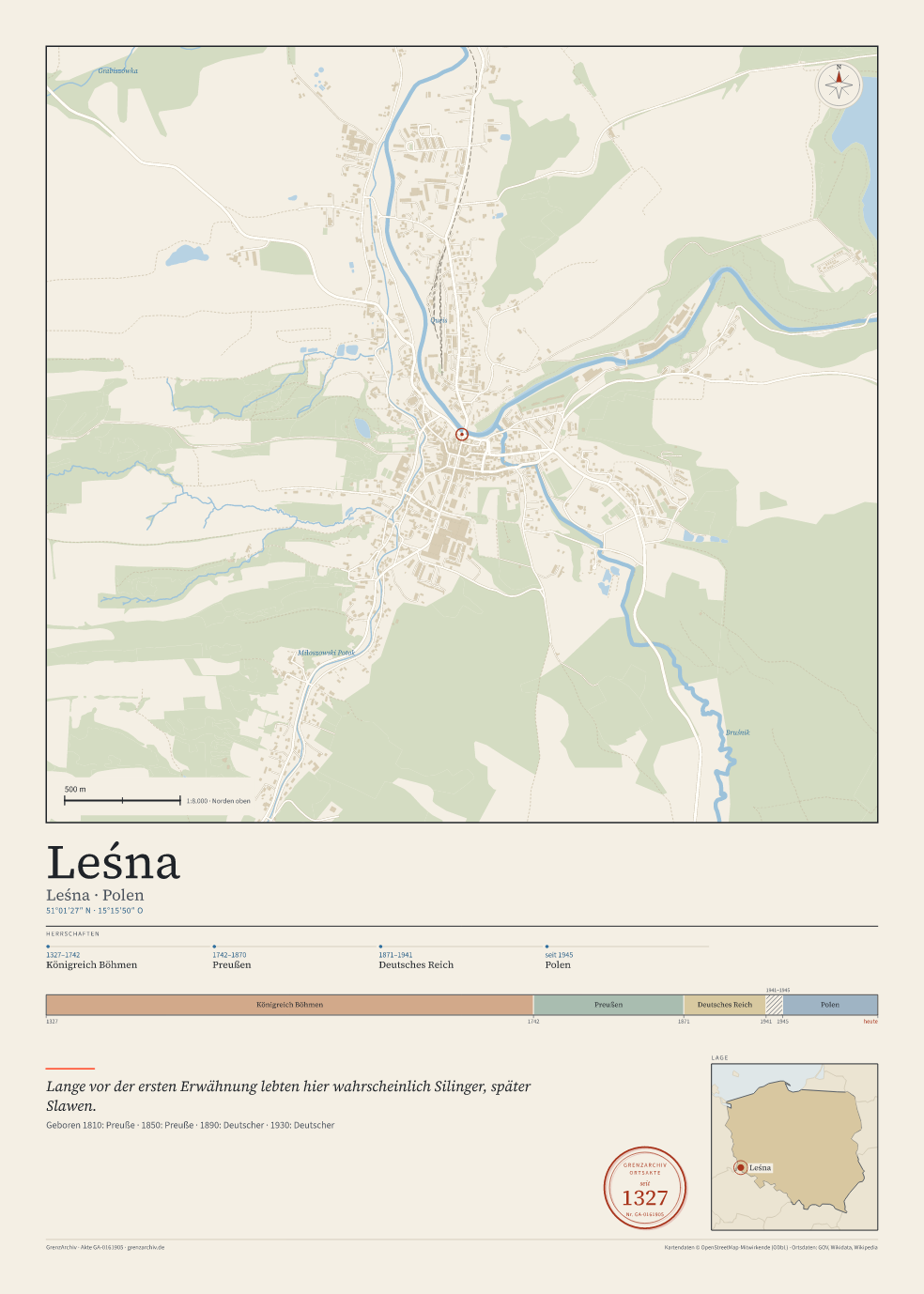 Vorschau des Kartenblatts von Leśna: oben der Stadtplan, unten Ortsname, Koordinaten und die Herrschaften des Ortes