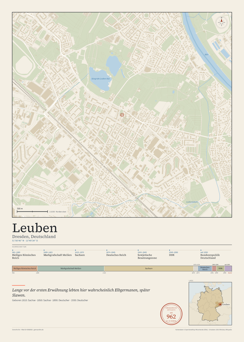 Vorschau des Kartenblatts von Leuben: oben der Stadtplan, unten Ortsname, Koordinaten und die Herrschaften des Ortes