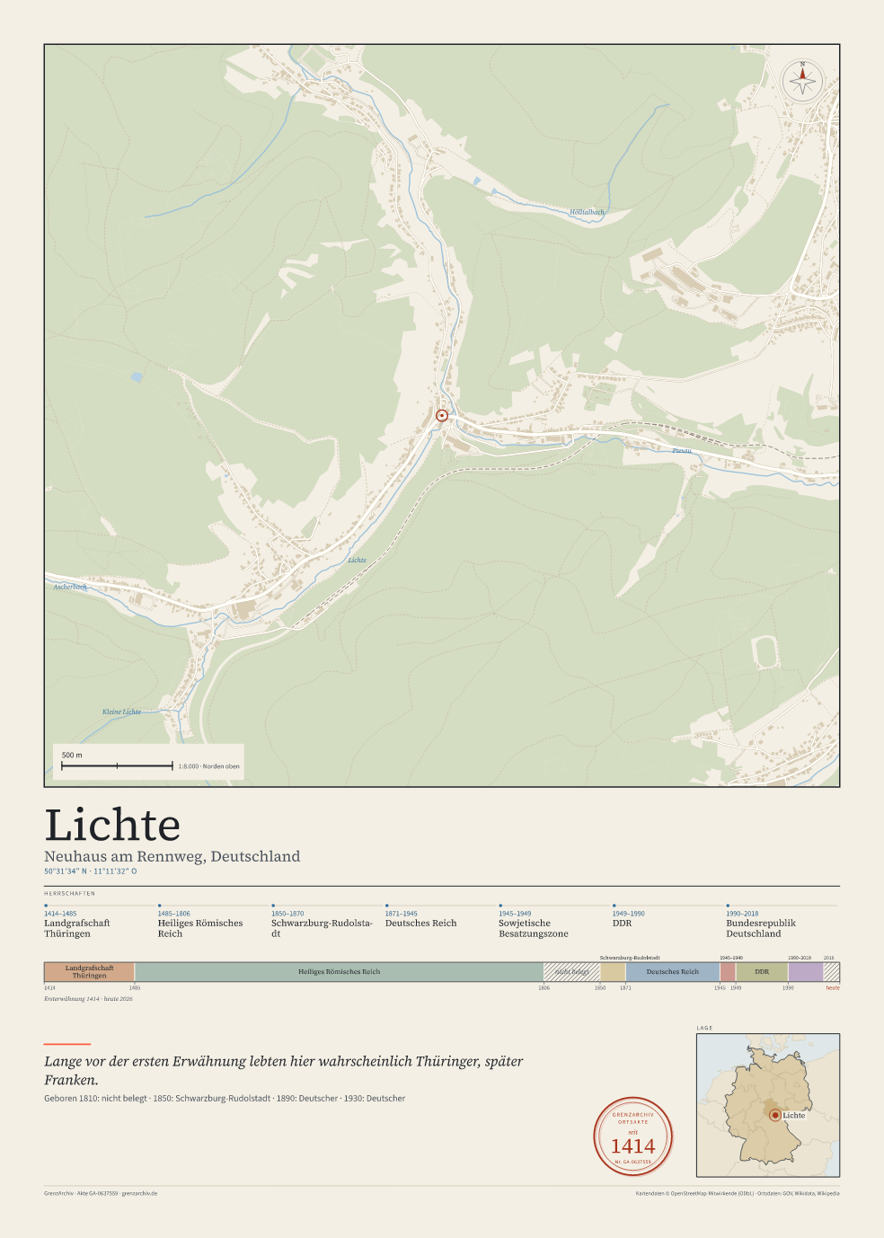 Vorschau des Kartenblatts von Lichte: oben der Stadtplan, unten Ortsname, Koordinaten und die Herrschaften des Ortes