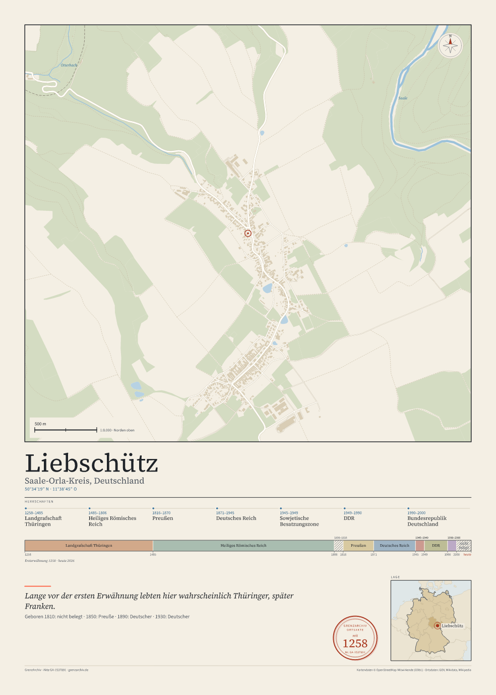 Vorschau des Kartenblatts von Liebschütz: oben der Stadtplan, unten Ortsname, Koordinaten und die Herrschaften des Ortes