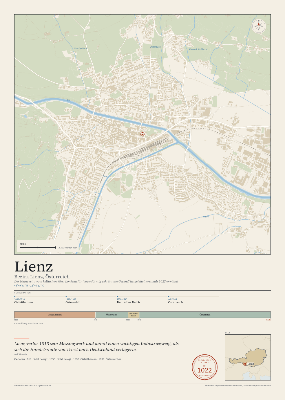 Vorschau des Kartenblatts von Lienz: oben der Stadtplan, unten Ortsname, Koordinaten und die Herrschaften des Ortes