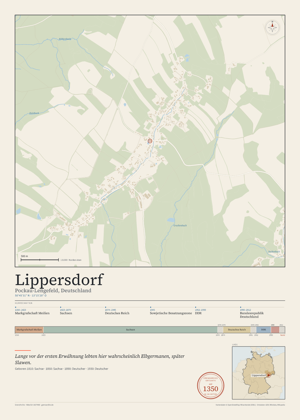 Vorschau des Kartenblatts von Lippersdorf: oben der Stadtplan, unten Ortsname, Koordinaten und die Herrschaften des Ortes