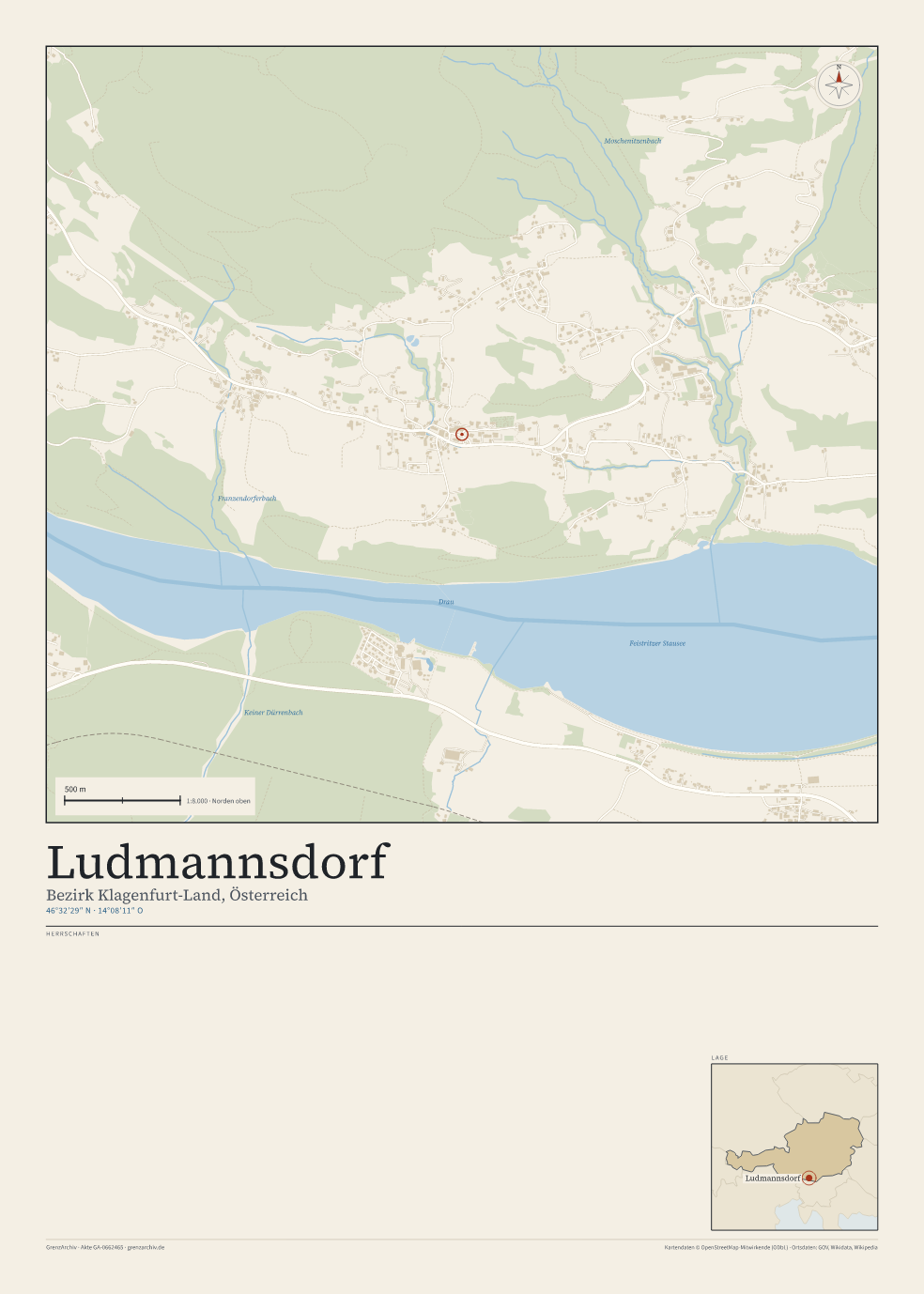 Vorschau des Kartenblatts von Ludmannsdorf: oben der Stadtplan, unten Ortsname, Koordinaten und die Herrschaften des Ortes