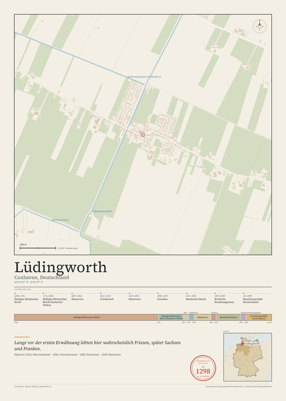 Vorschau des Kartenblatts von Lüdingworth: oben der Stadtplan, unten Ortsname, Koordinaten und die Herrschaften des Ortes