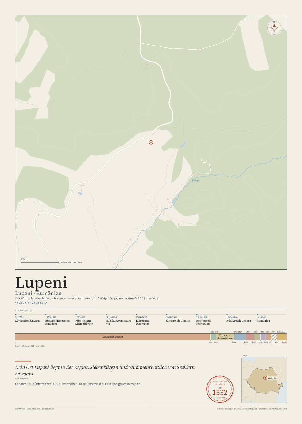 Vorschau des Kartenblatts von Lupeni: oben der Stadtplan, unten Ortsname, Koordinaten und die Herrschaften des Ortes