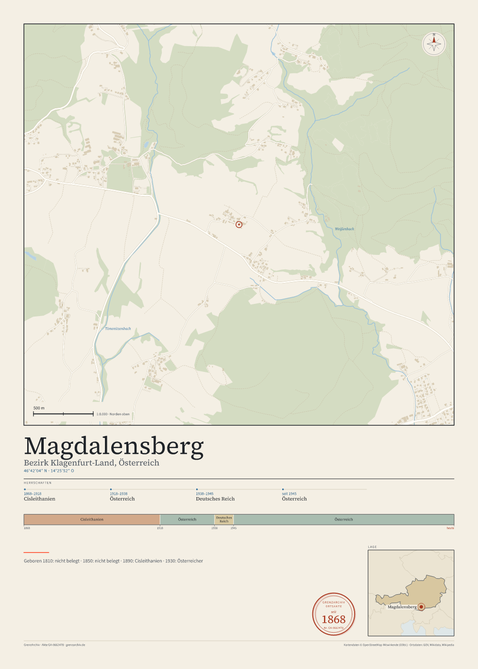 Vorschau des Kartenblatts von Magdalensberg: oben der Stadtplan, unten Ortsname, Koordinaten und die Herrschaften des Ortes