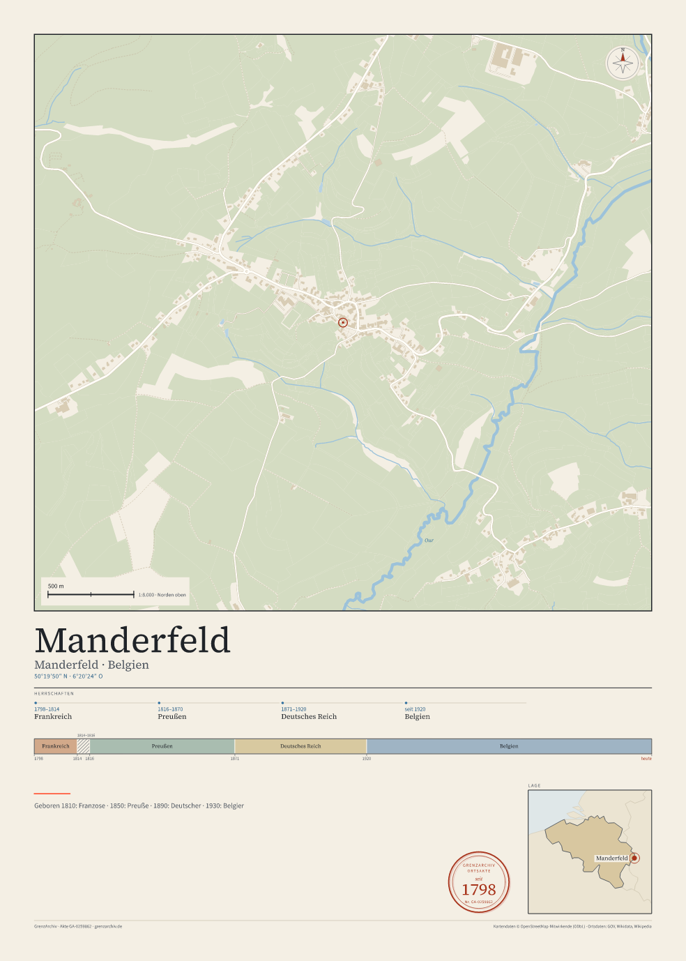 Vorschau des Kartenblatts von Manderfeld: oben der Stadtplan, unten Ortsname, Koordinaten und die Herrschaften des Ortes
