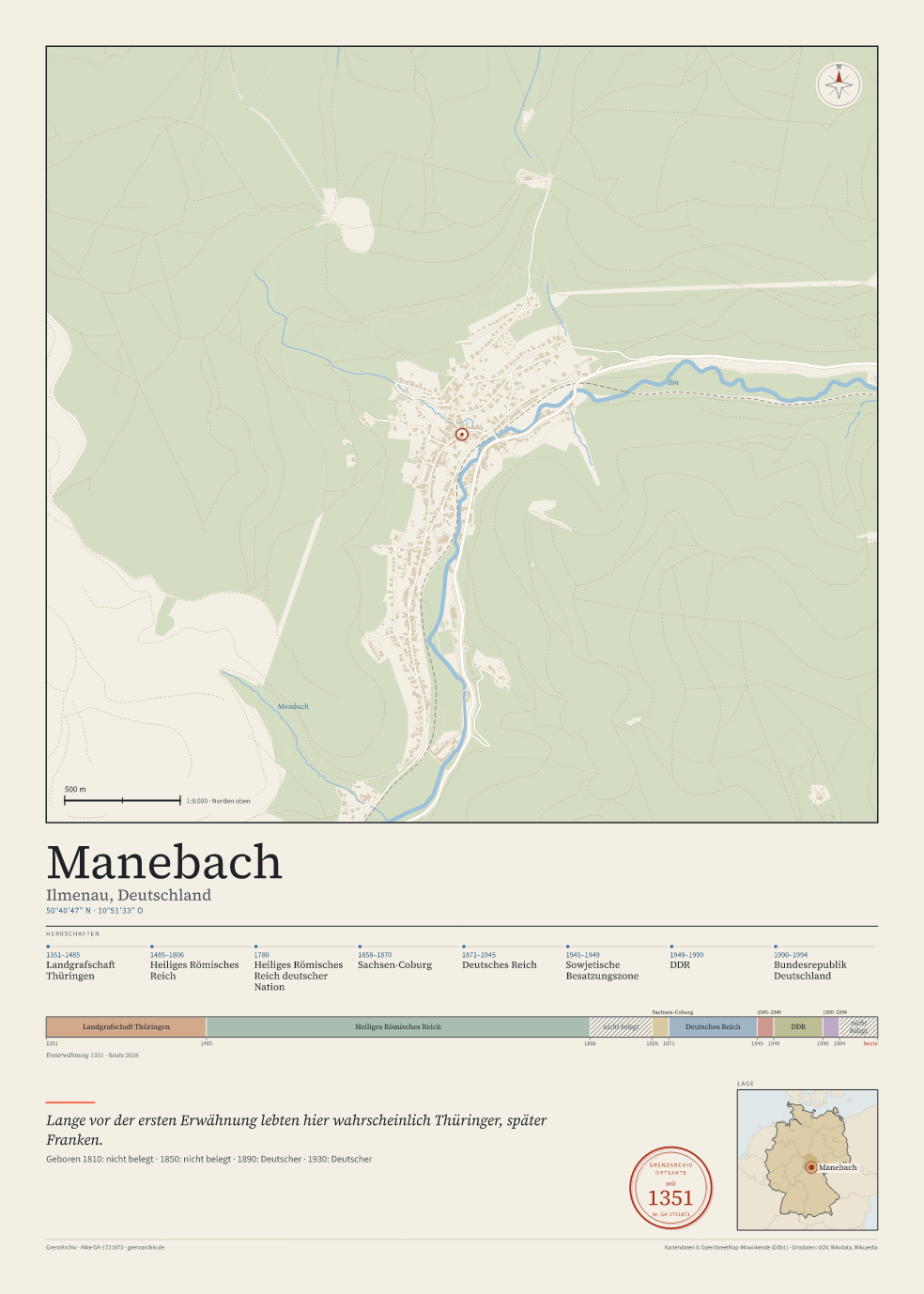 Vorschau des Kartenblatts von Manebach: oben der Stadtplan, unten Ortsname, Koordinaten und die Herrschaften des Ortes