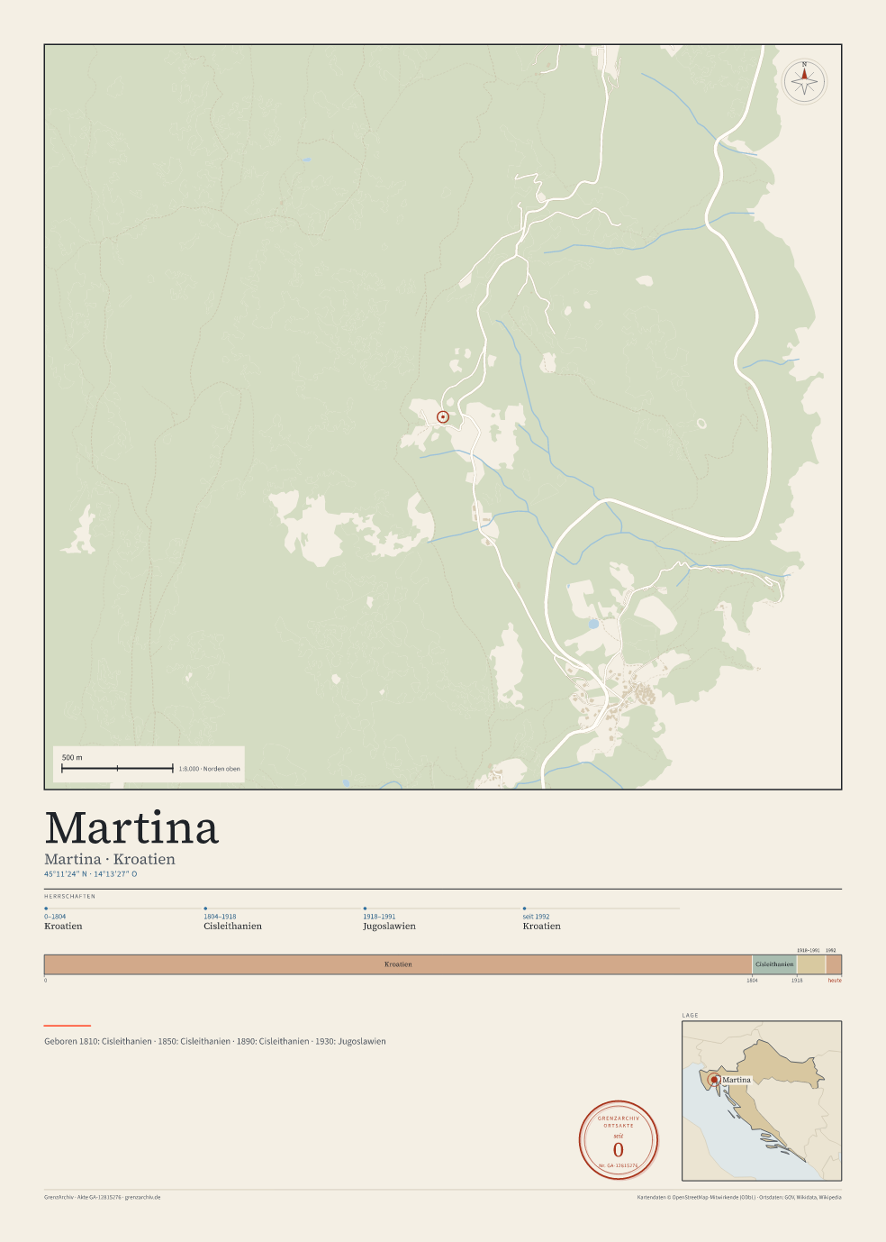 Vorschau des Kartenblatts von Martina: oben der Stadtplan, unten Ortsname, Koordinaten und die Herrschaften des Ortes