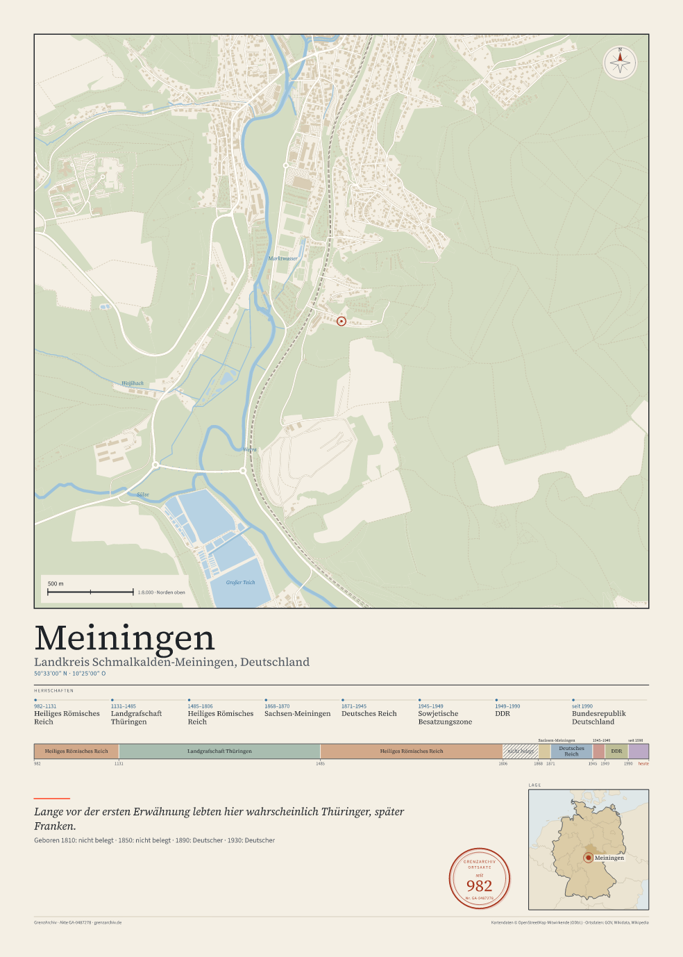 Vorschau des Kartenblatts von Meiningen: oben der Stadtplan, unten Ortsname, Koordinaten und die Herrschaften des Ortes