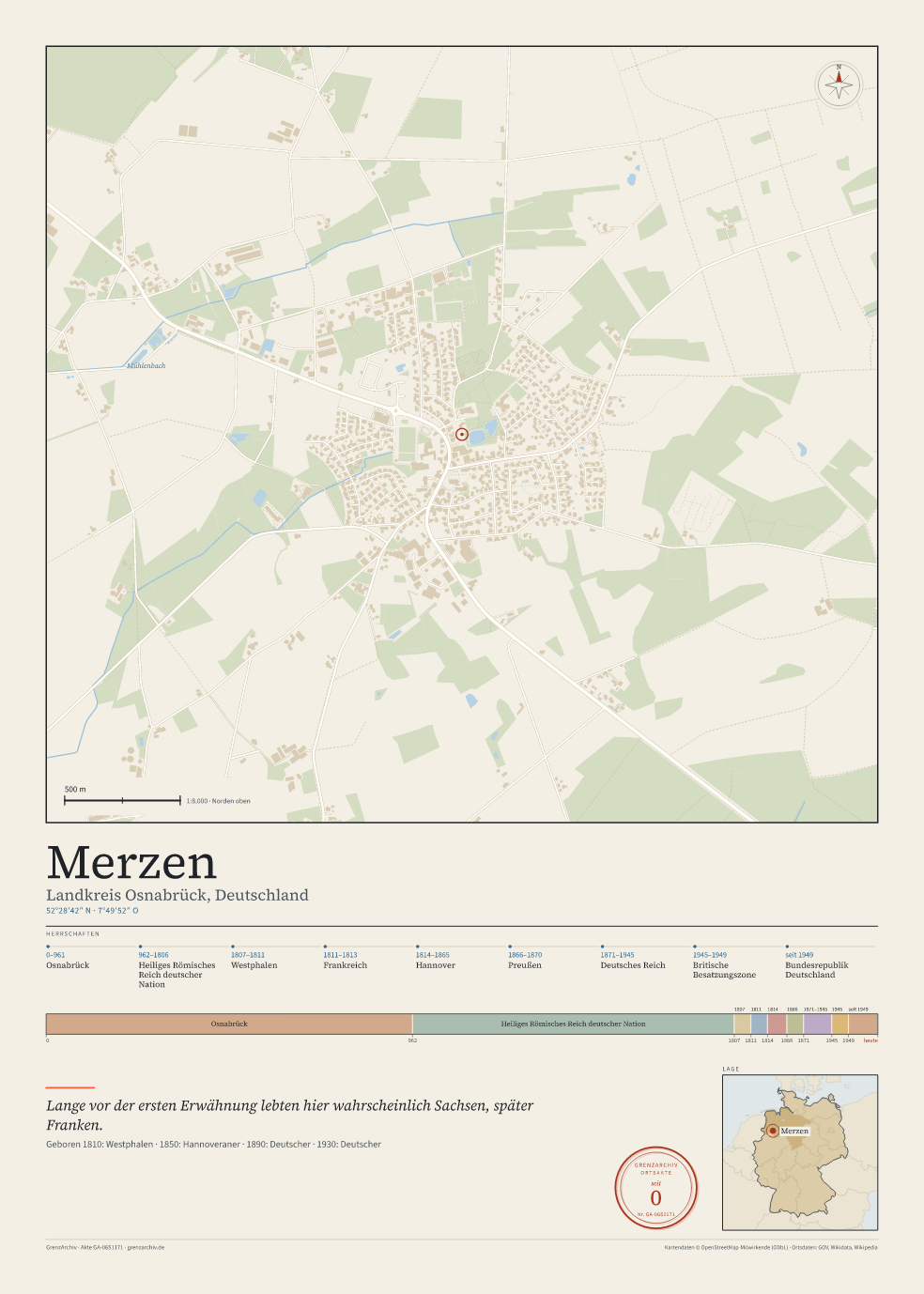 Vorschau des Kartenblatts von Merzen: oben der Stadtplan, unten Ortsname, Koordinaten und die Herrschaften des Ortes