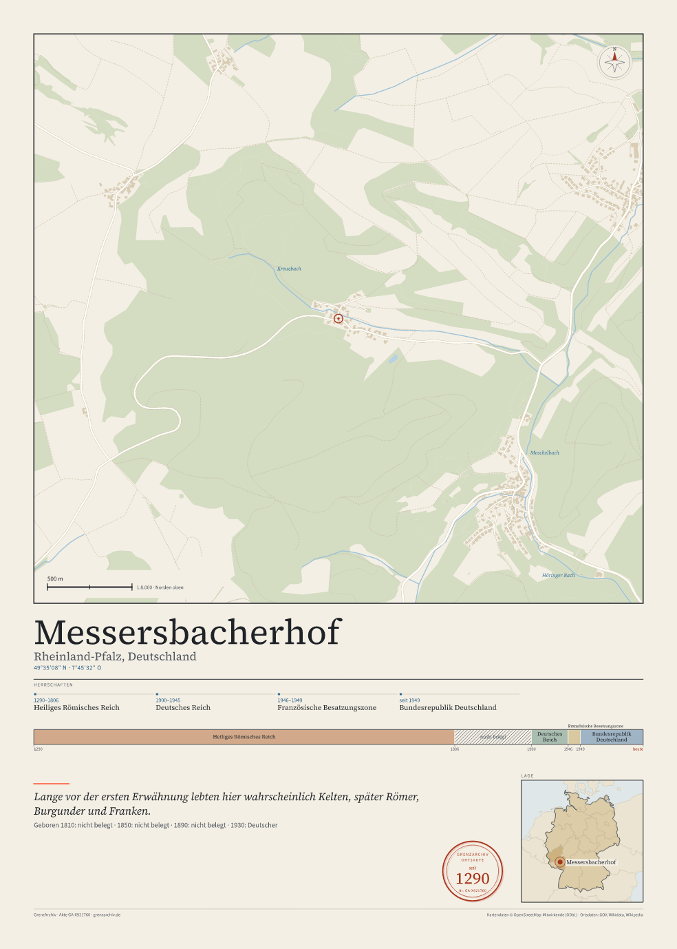 Vorschau des Kartenblatts von Messersbacherhof: oben der Stadtplan, unten Ortsname, Koordinaten und die Herrschaften des Ortes