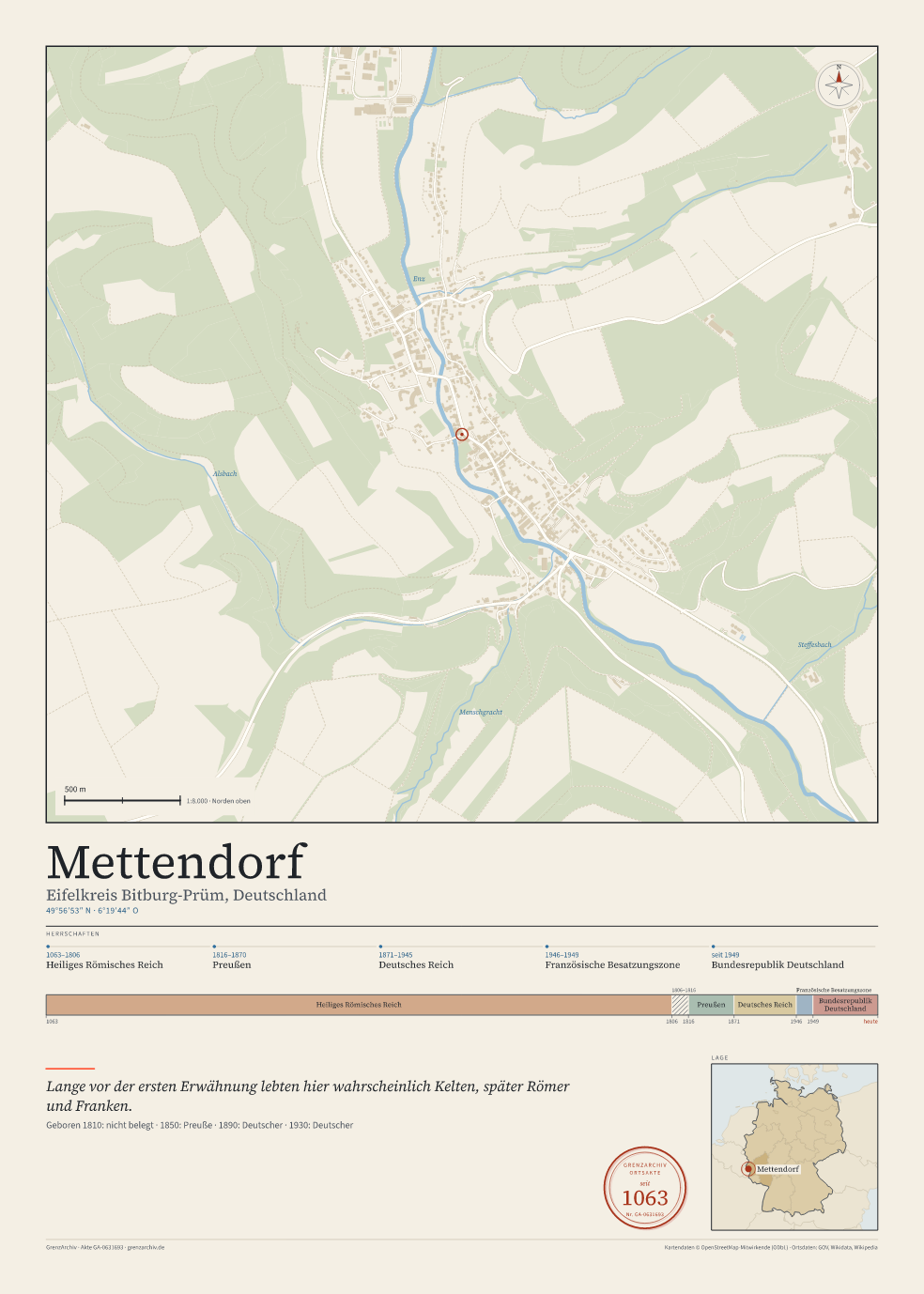 Vorschau des Kartenblatts von Mettendorf: oben der Stadtplan, unten Ortsname, Koordinaten und die Herrschaften des Ortes