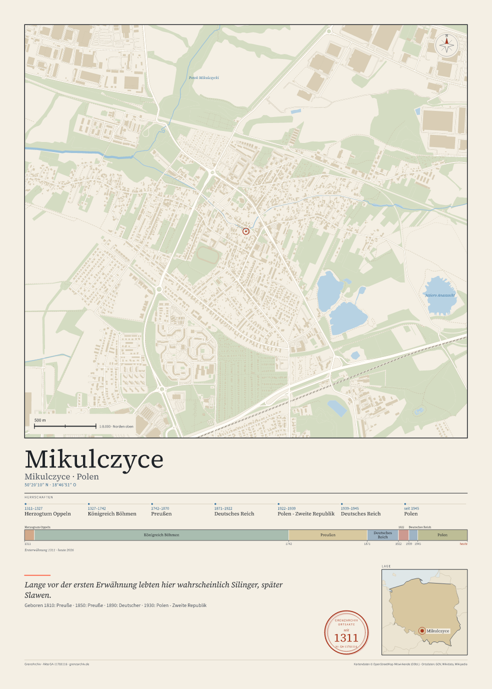 Vorschau des Kartenblatts von Mikulczyce: oben der Stadtplan, unten Ortsname, Koordinaten und die Herrschaften des Ortes