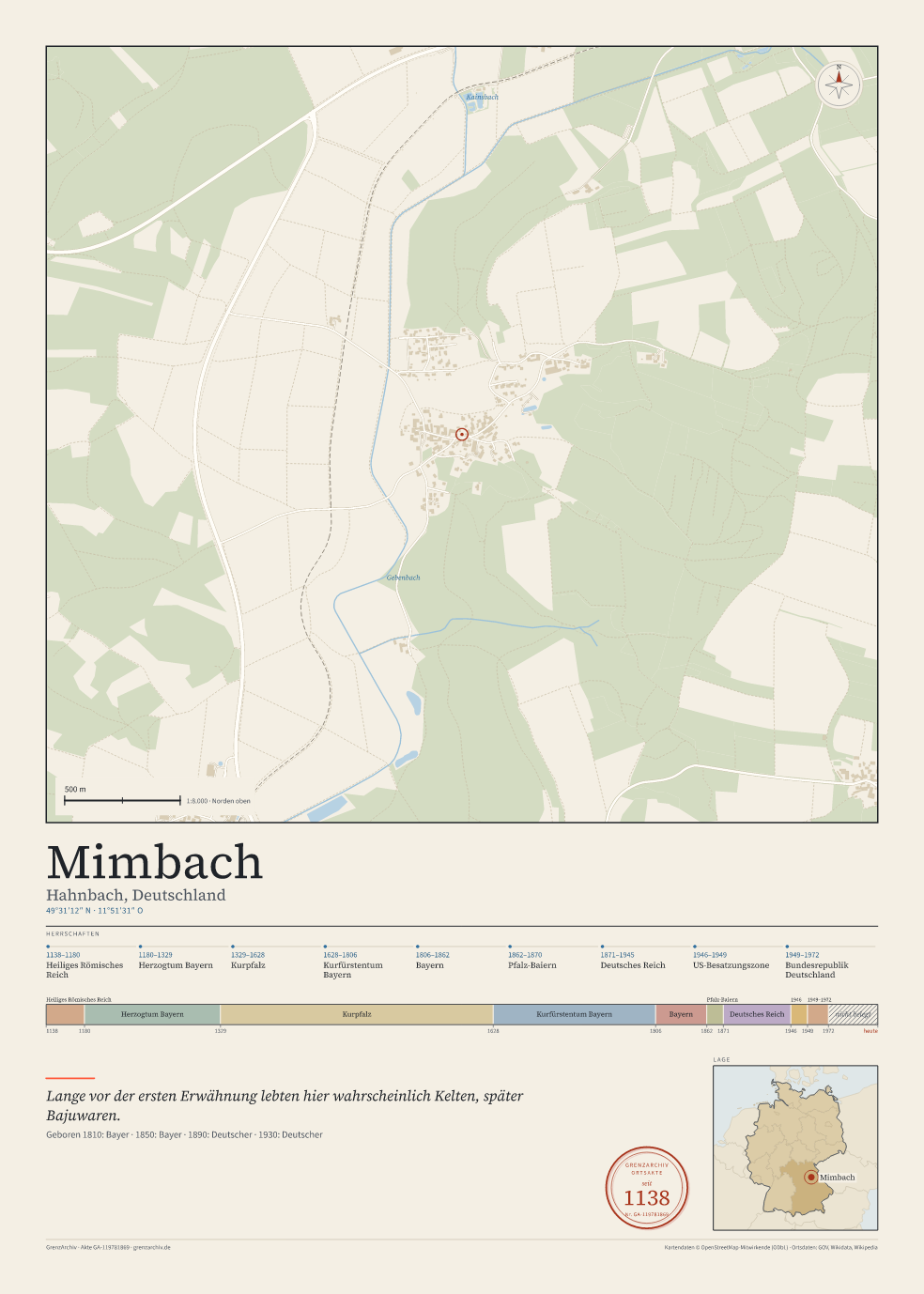 Vorschau des Kartenblatts von Mimbach: oben der Stadtplan, unten Ortsname, Koordinaten und die Herrschaften des Ortes