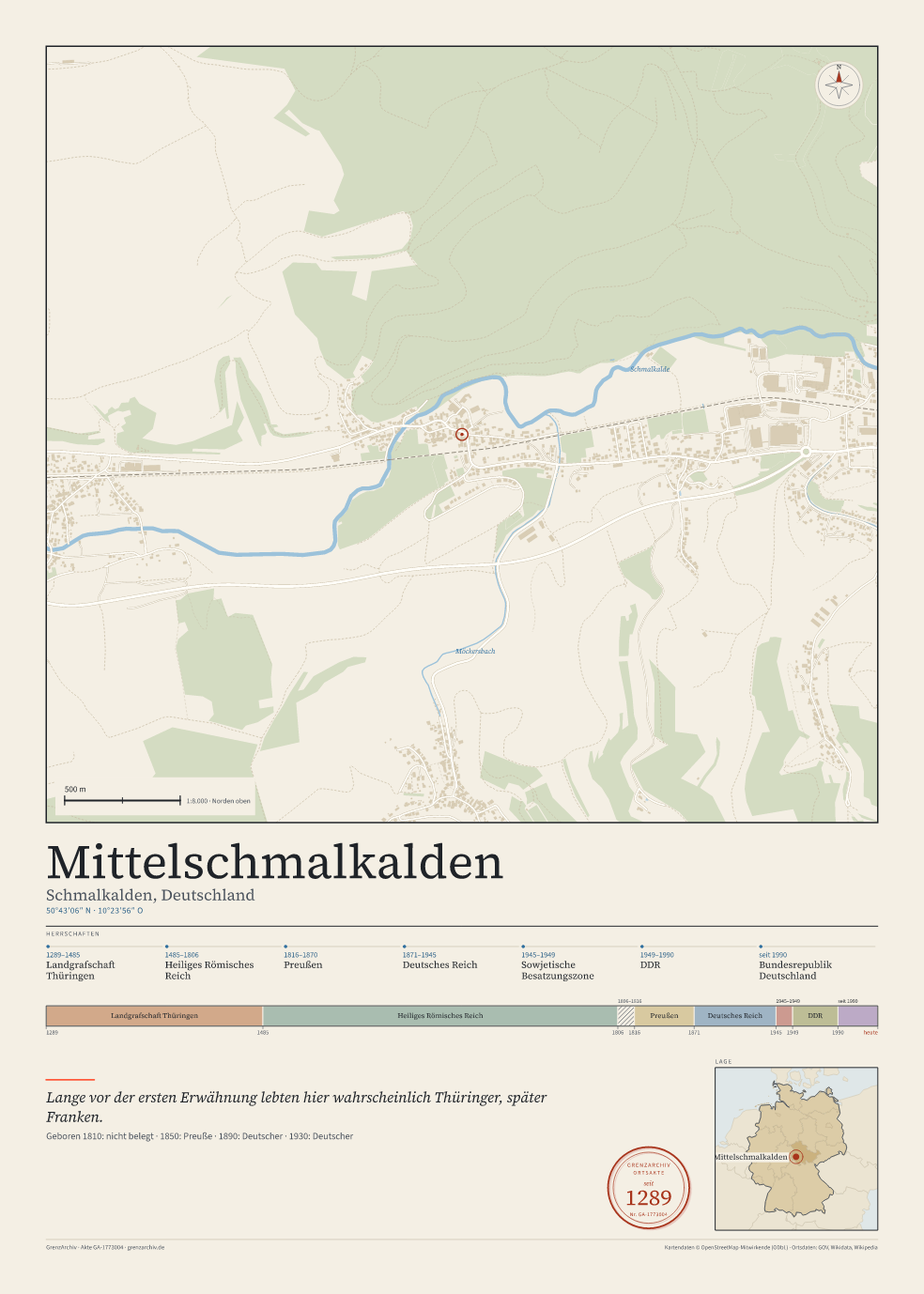 Vorschau des Kartenblatts von Mittelschmalkalden: oben der Stadtplan, unten Ortsname, Koordinaten und die Herrschaften des Ortes