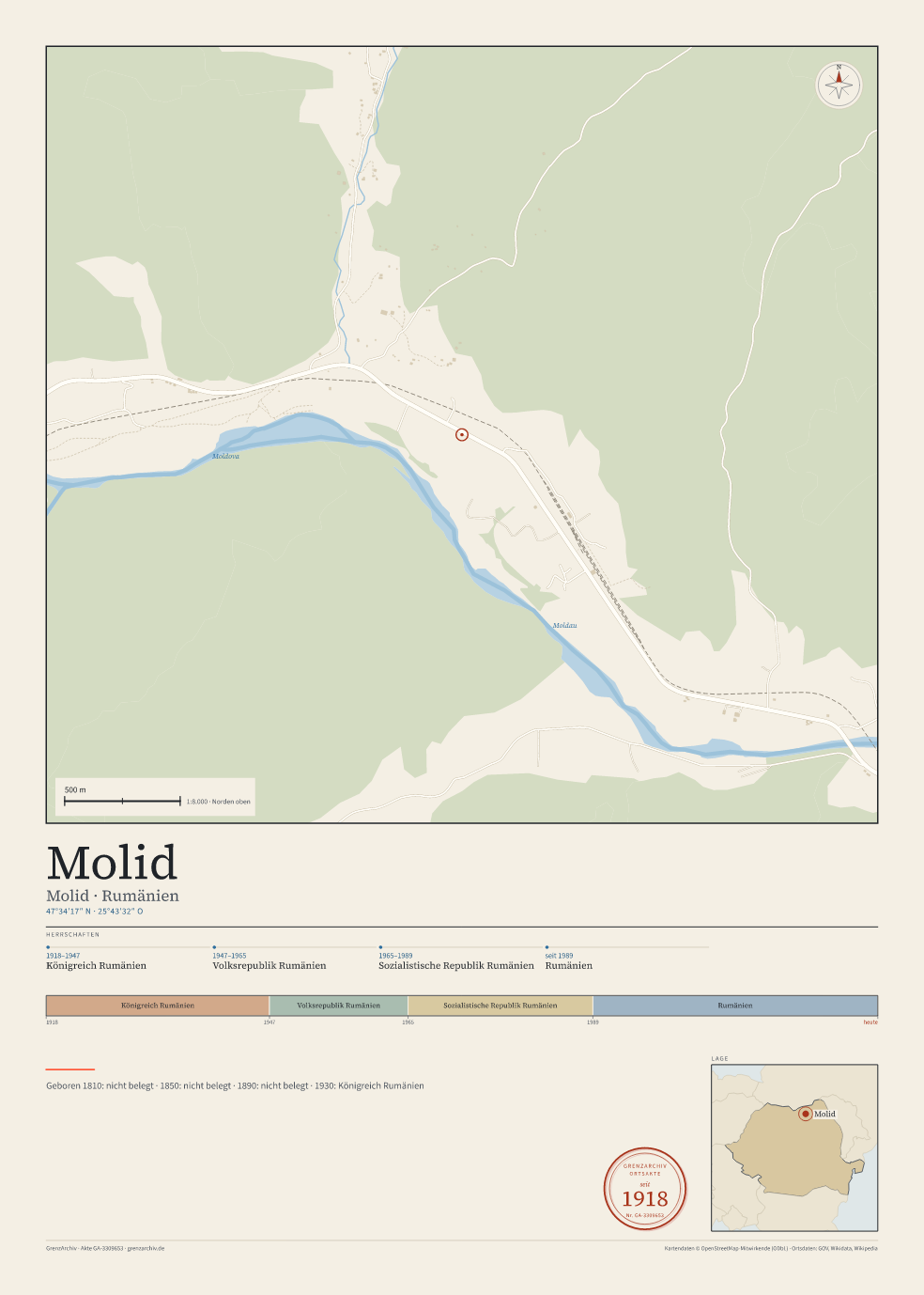 Vorschau des Kartenblatts von Molid: oben der Stadtplan, unten Ortsname, Koordinaten und die Herrschaften des Ortes