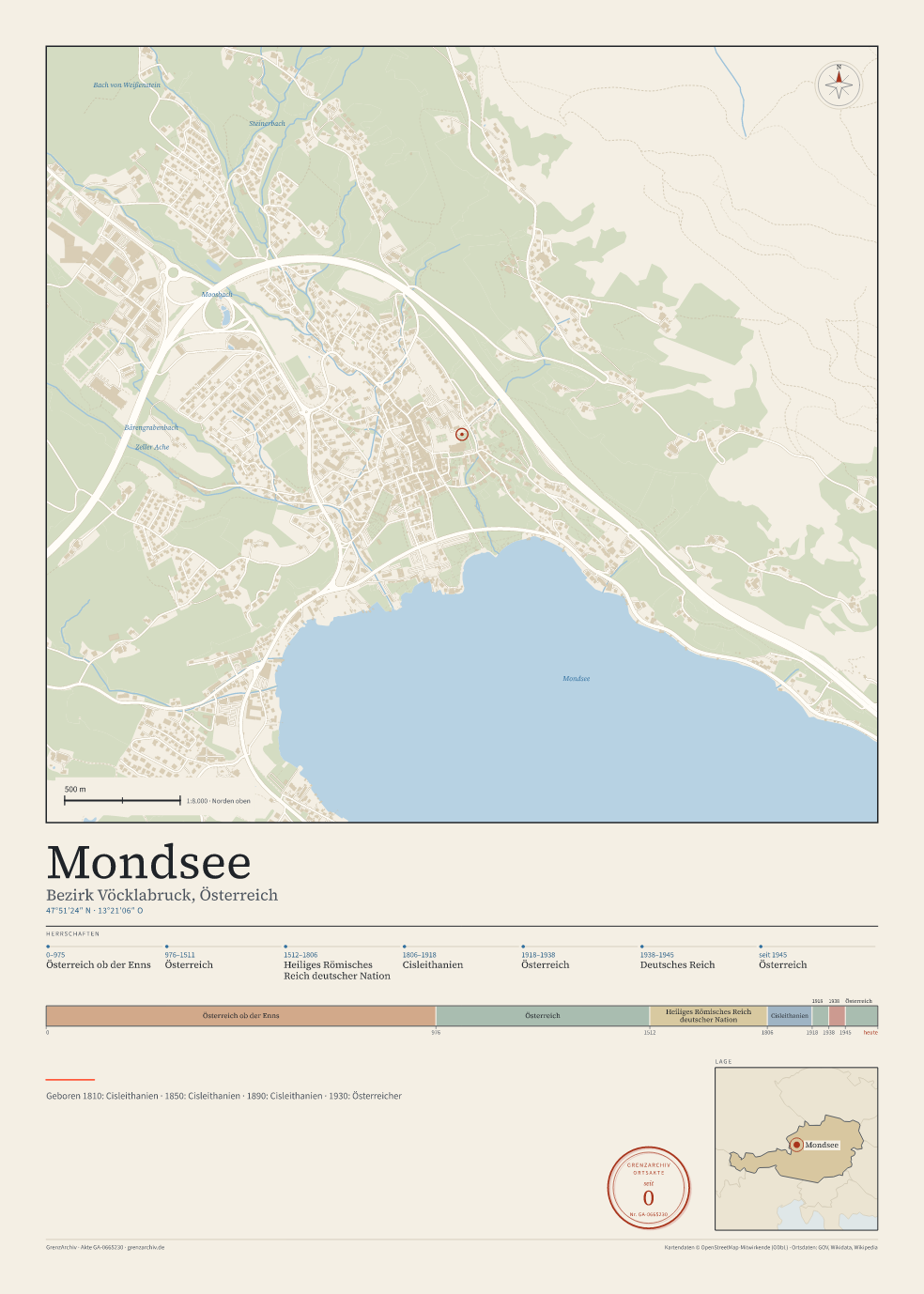 Vorschau des Kartenblatts von Mondsee: oben der Stadtplan, unten Ortsname, Koordinaten und die Herrschaften des Ortes