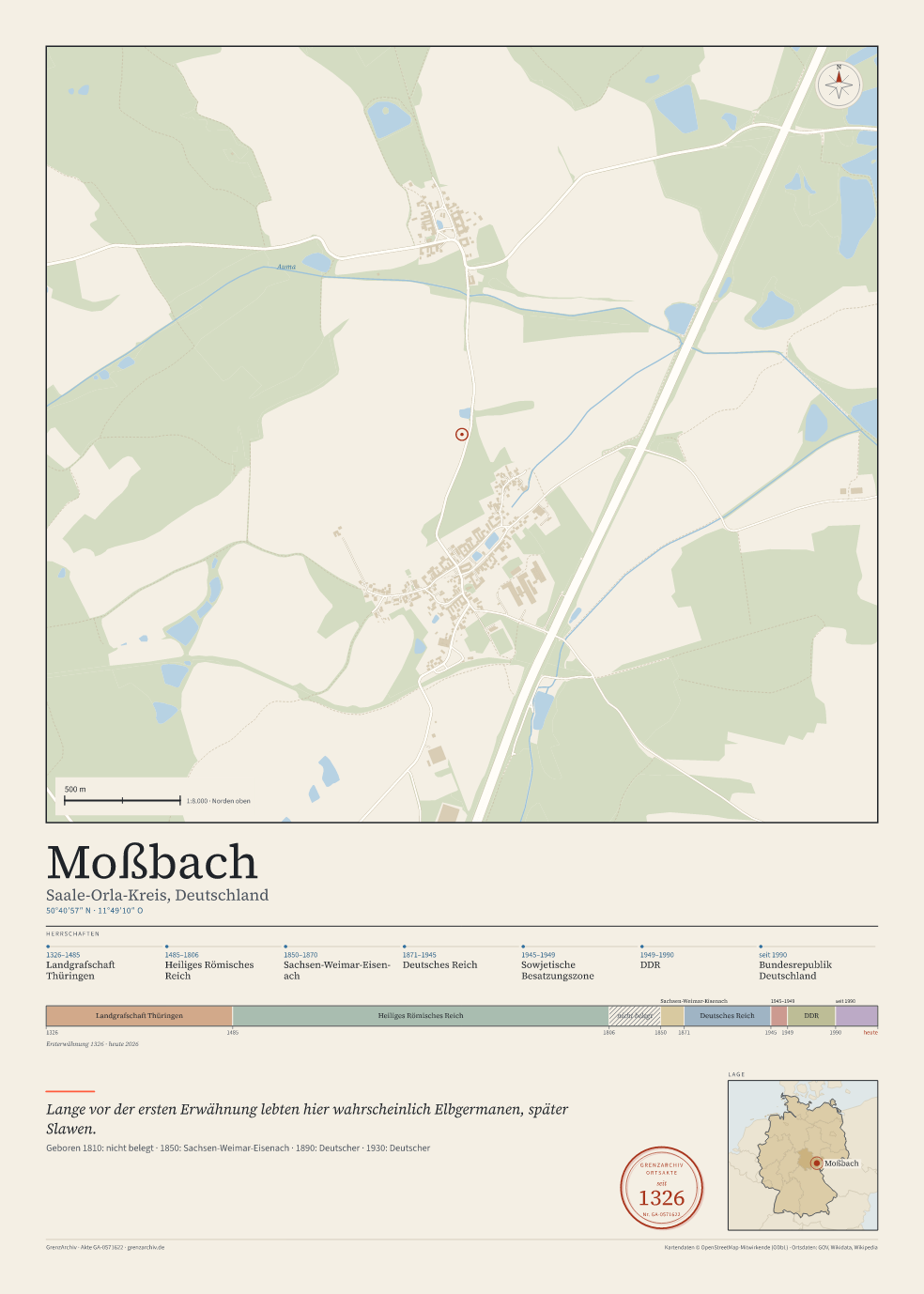 Vorschau des Kartenblatts von Moßbach: oben der Stadtplan, unten Ortsname, Koordinaten und die Herrschaften des Ortes