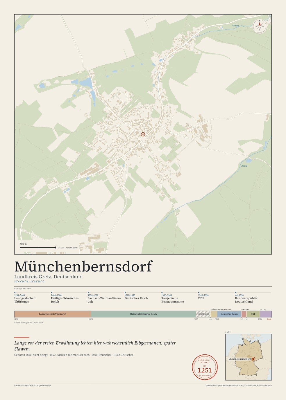 Vorschau des Kartenblatts von Münchenbernsdorf: oben der Stadtplan, unten Ortsname, Koordinaten und die Herrschaften des Ortes