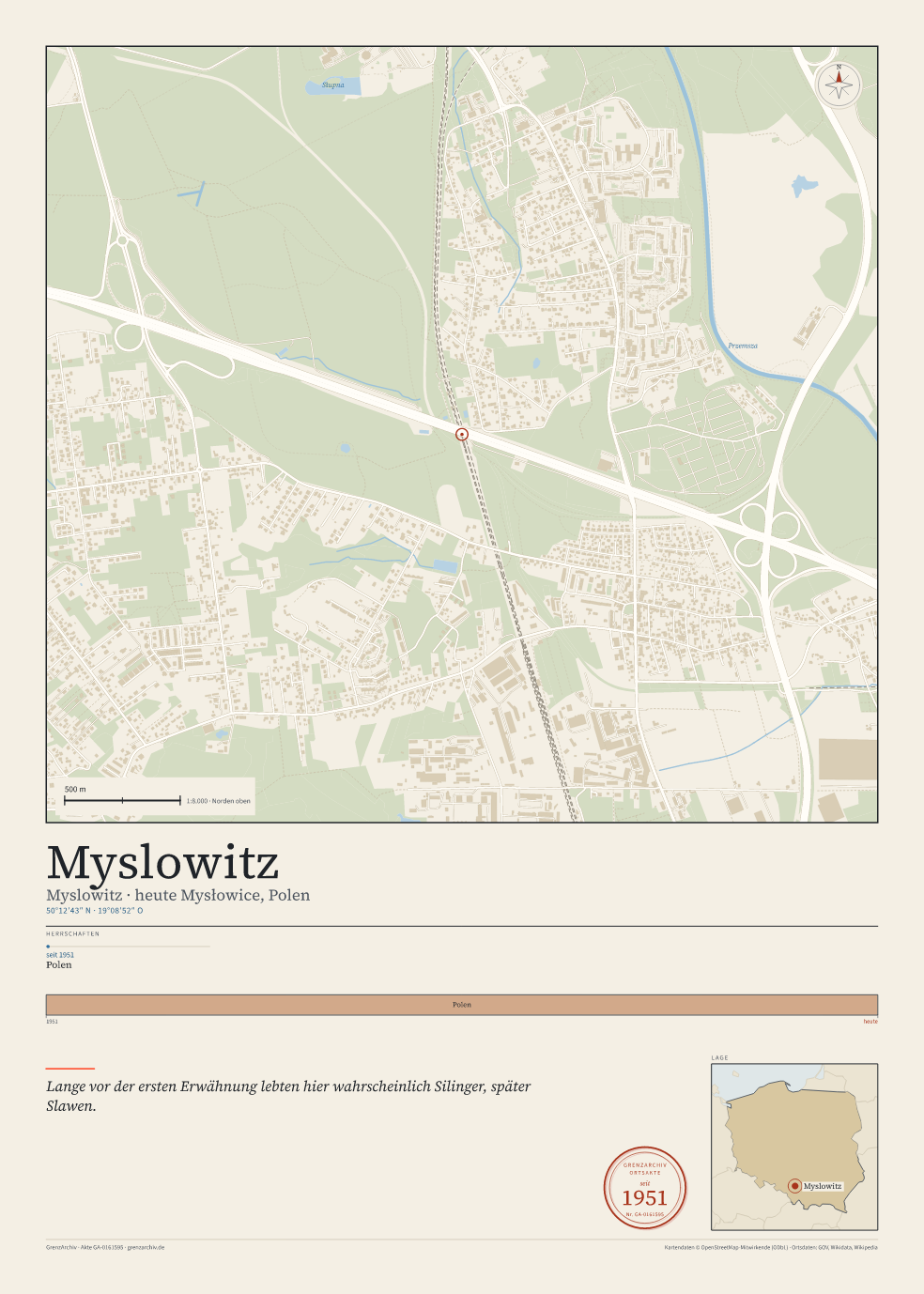 Vorschau des Kartenblatts von Myslowitz: oben der Stadtplan, unten Ortsname, Koordinaten und die Herrschaften des Ortes