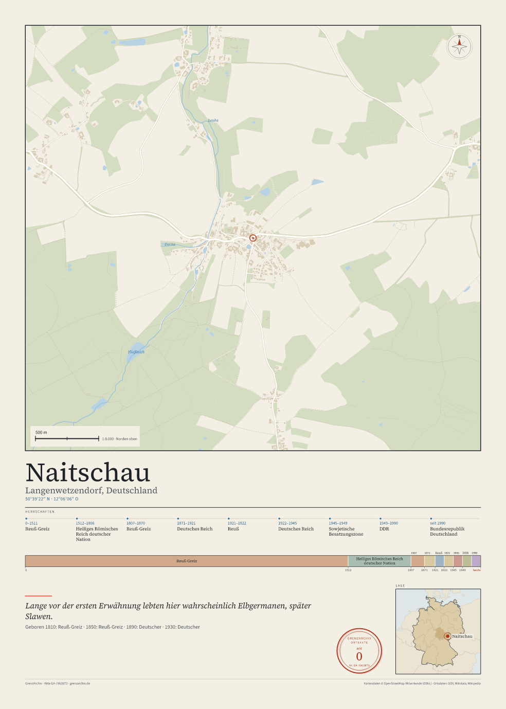 Vorschau des Kartenblatts von Naitschau: oben der Stadtplan, unten Ortsname, Koordinaten und die Herrschaften des Ortes