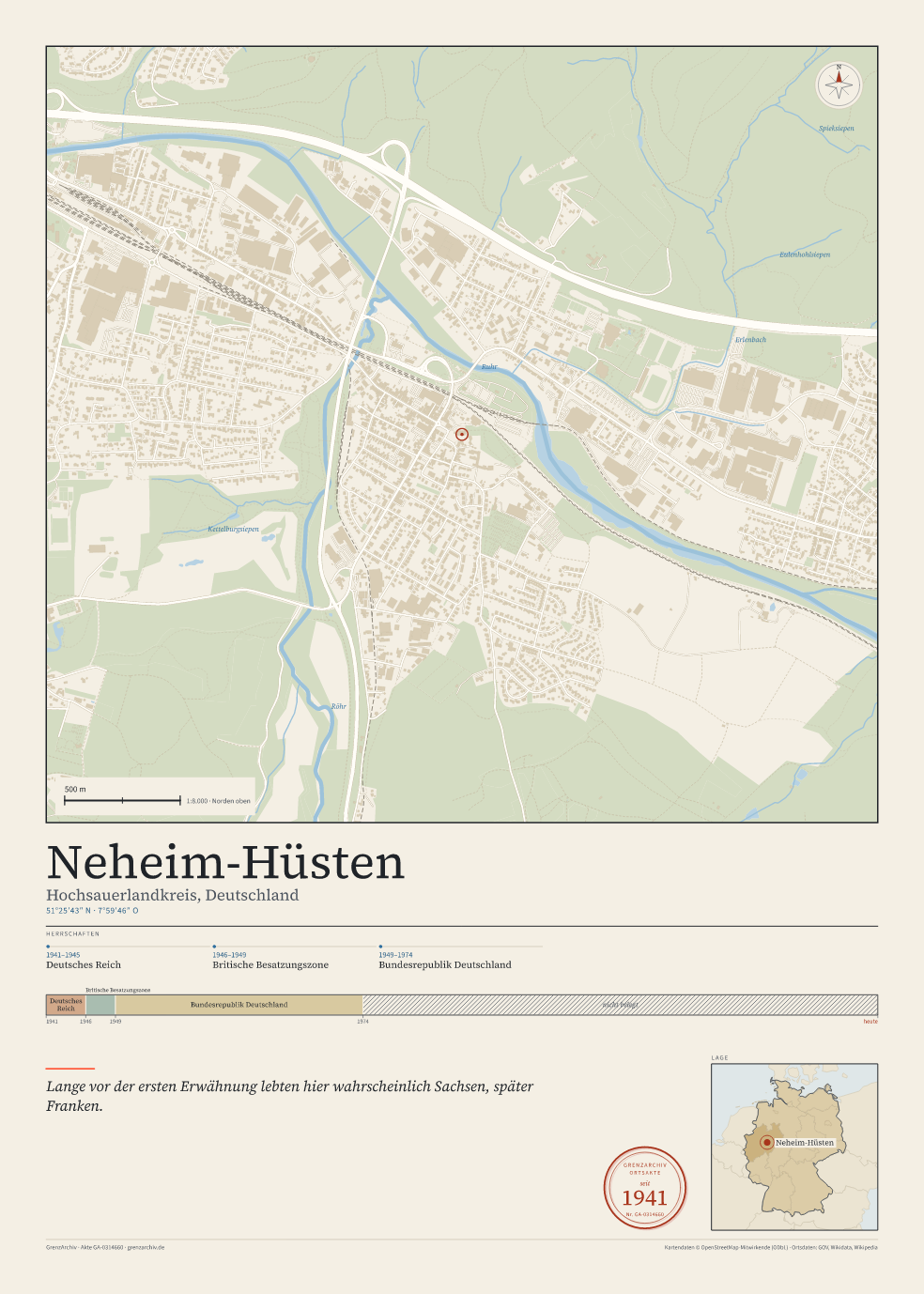 Vorschau des Kartenblatts von Neheim-Hüsten: oben der Stadtplan, unten Ortsname, Koordinaten und die Herrschaften des Ortes