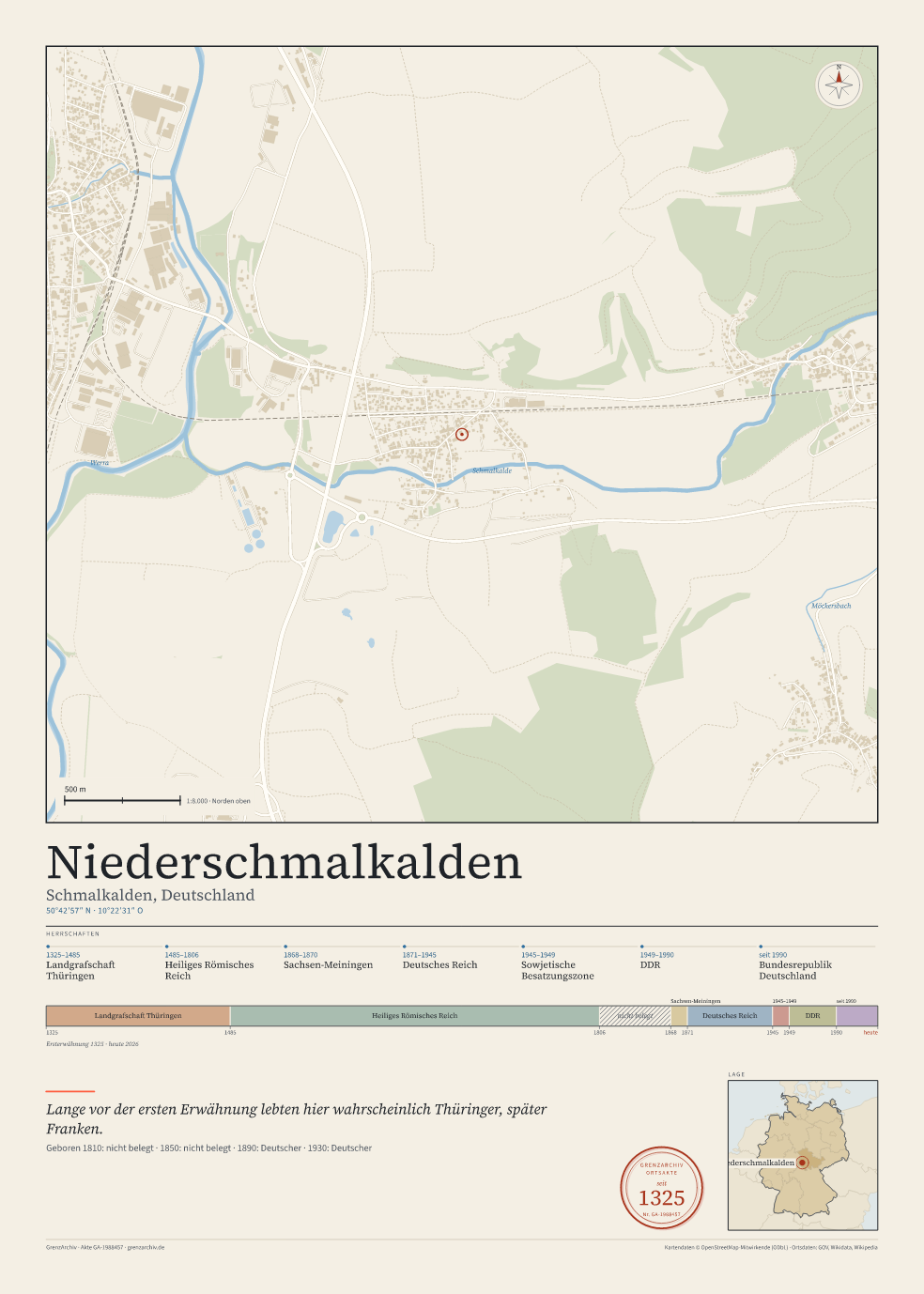 Vorschau des Kartenblatts von Niederschmalkalden: oben der Stadtplan, unten Ortsname, Koordinaten und die Herrschaften des Ortes
