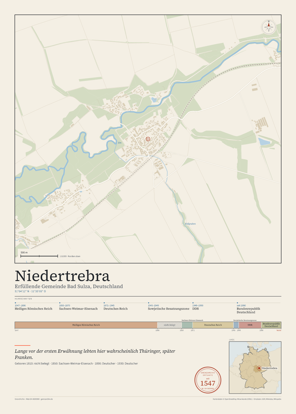 Vorschau des Kartenblatts von Niedertrebra: oben der Stadtplan, unten Ortsname, Koordinaten und die Herrschaften des Ortes