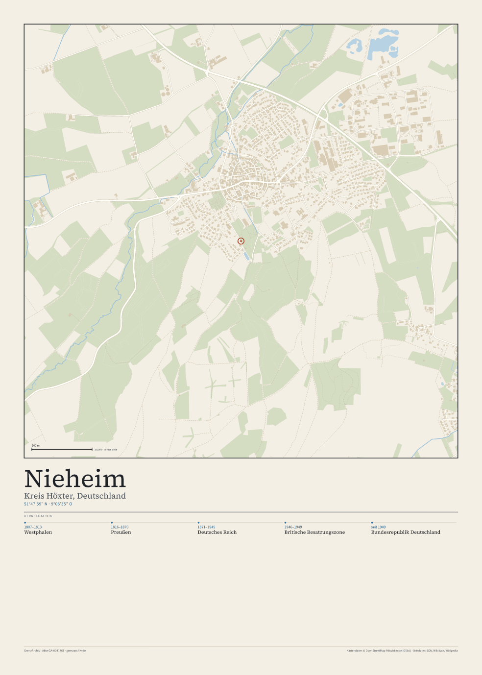 Vorschau des Stadtplan-Posters von Nieheim: oben der Stadtplan, unten Ortsname, Koordinaten und die Herrschaften des Ortes