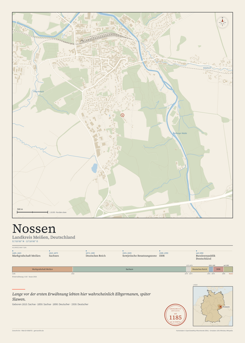 Vorschau des Kartenblatts von Nossen: oben der Stadtplan, unten Ortsname, Koordinaten und die Herrschaften des Ortes